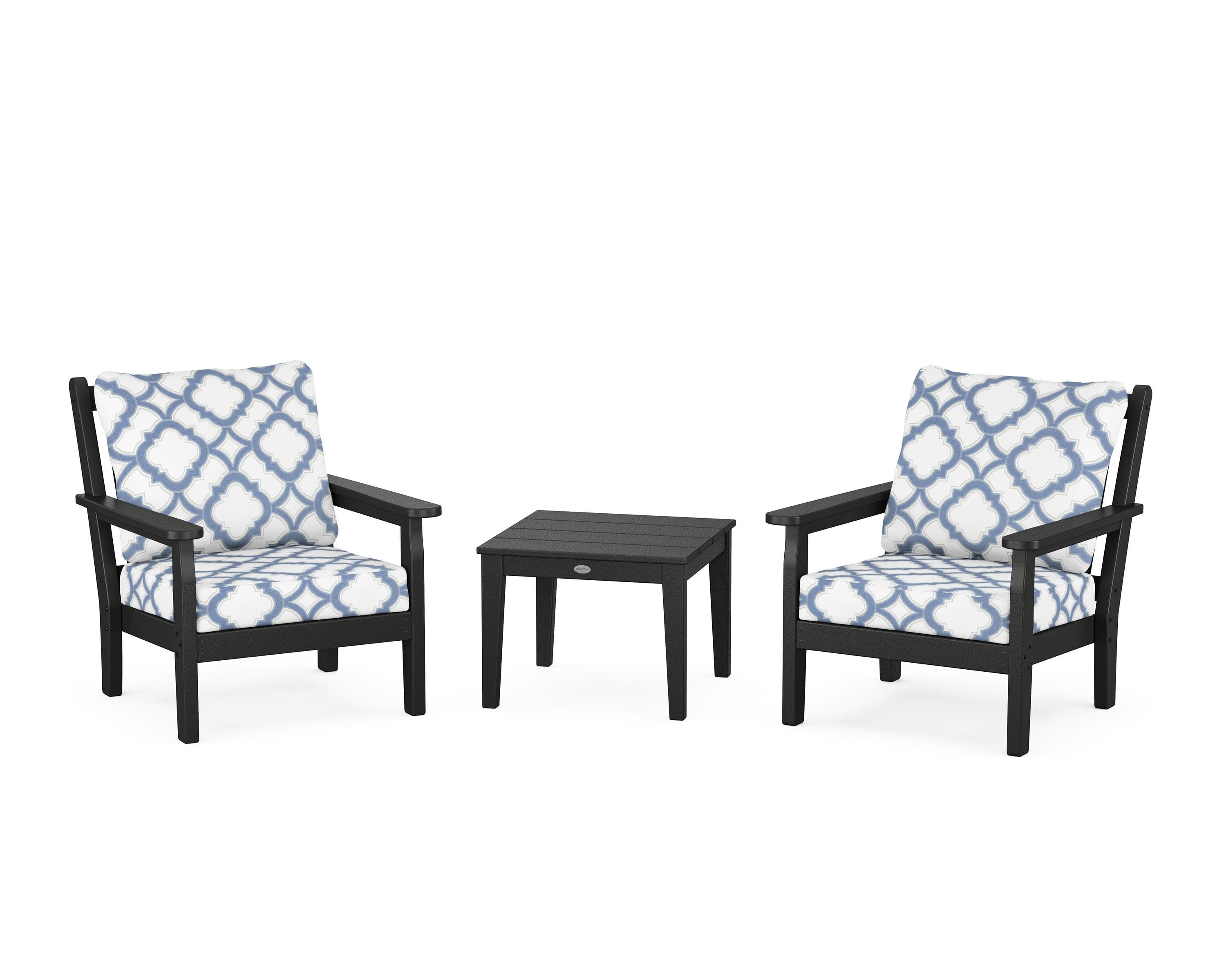 Chippendale 3-Piece Deep Seating Set in Black / Trellis Sky Blue