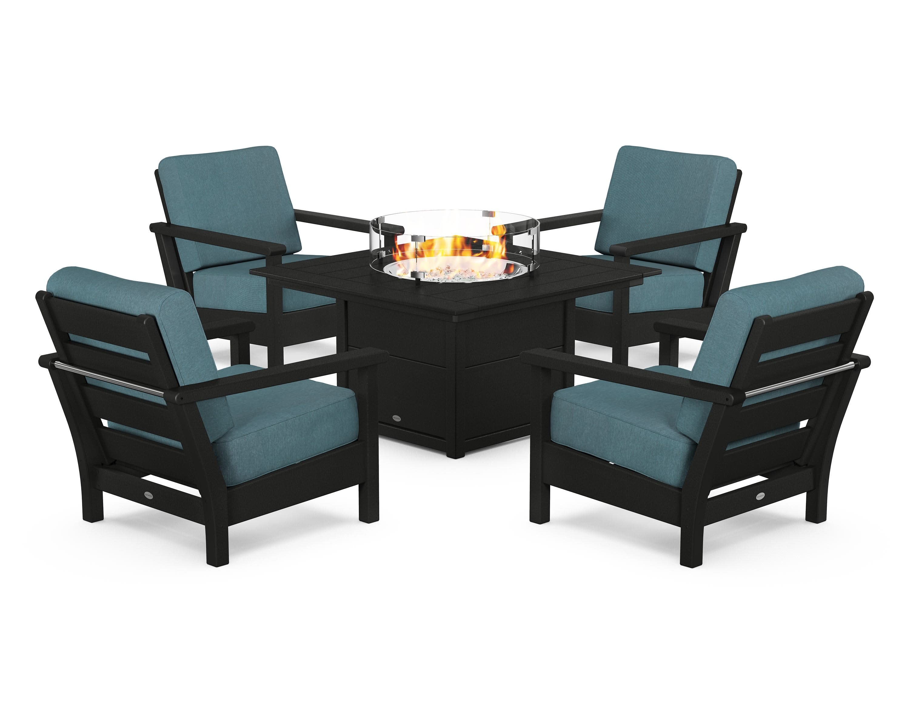 Harbour 5-Piece Conversation Set with Fire Pit Table in Black / Ocean Teal