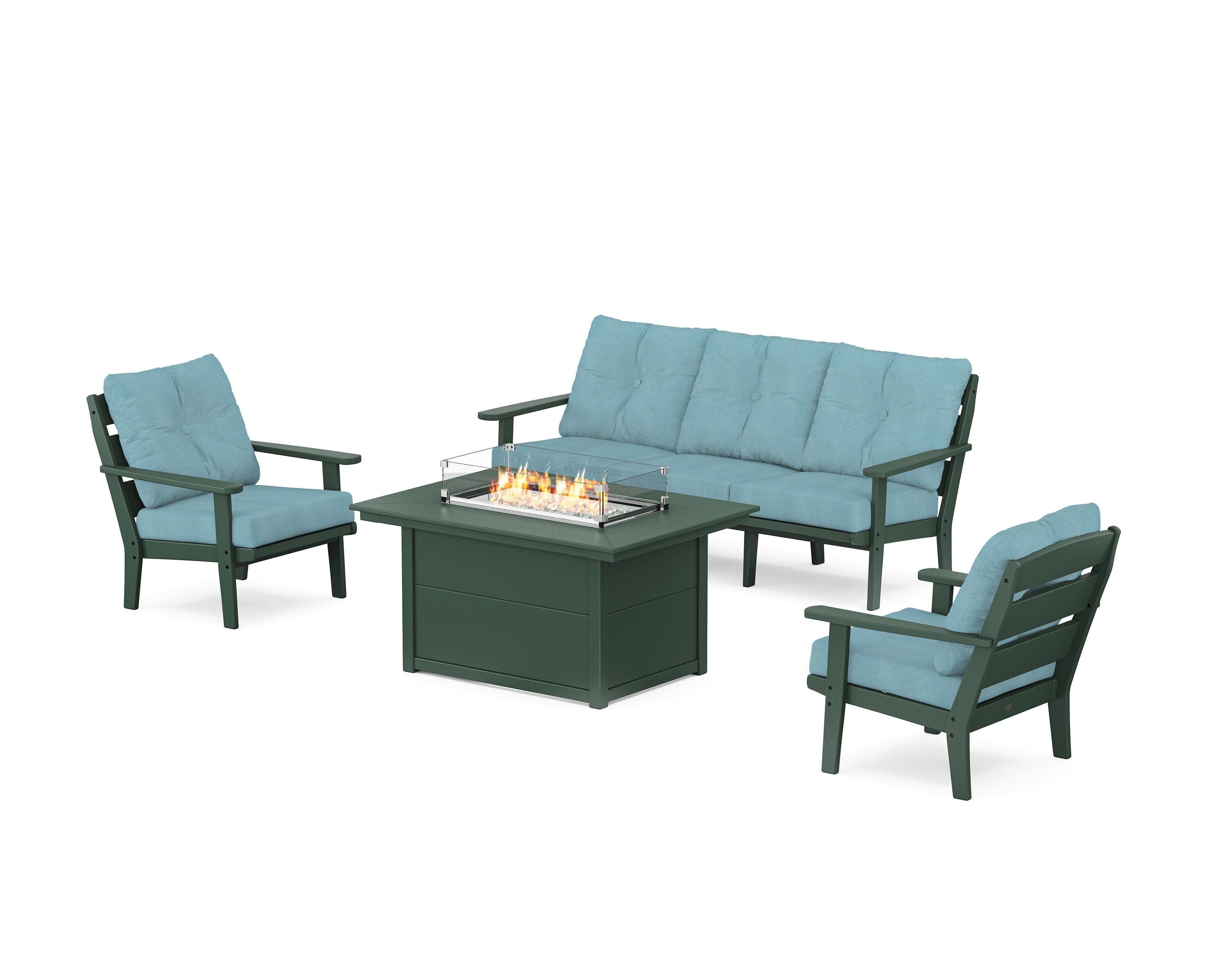 Lakeside Deep Seating Fire Pit Table Set in Green / Lattice Sky Blue