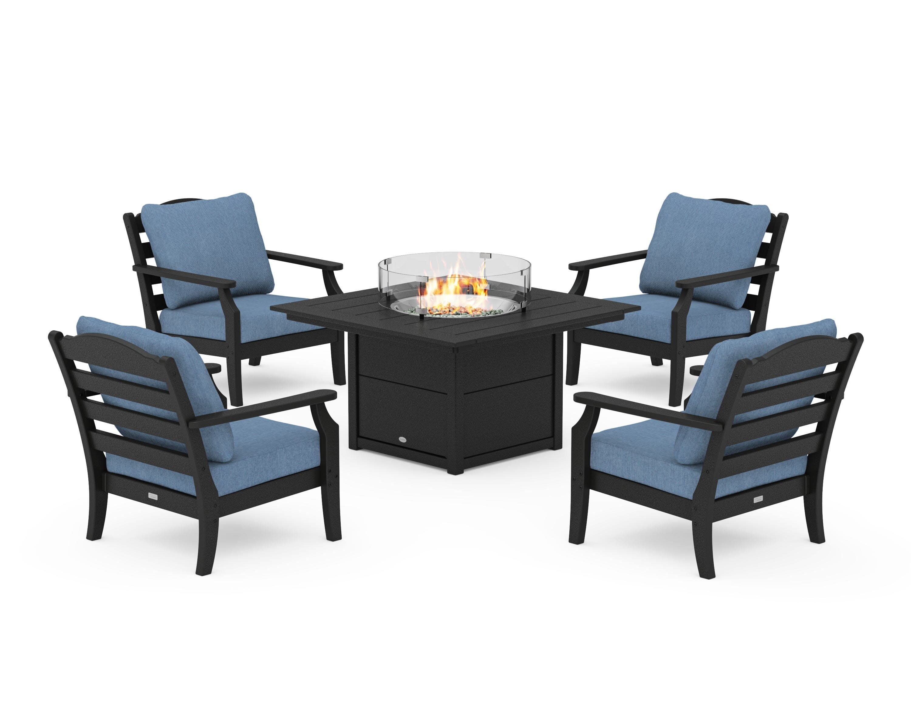 Savannah 5-Piece Deep Seating Set with Fire Pit Table in Black / Sky Blue