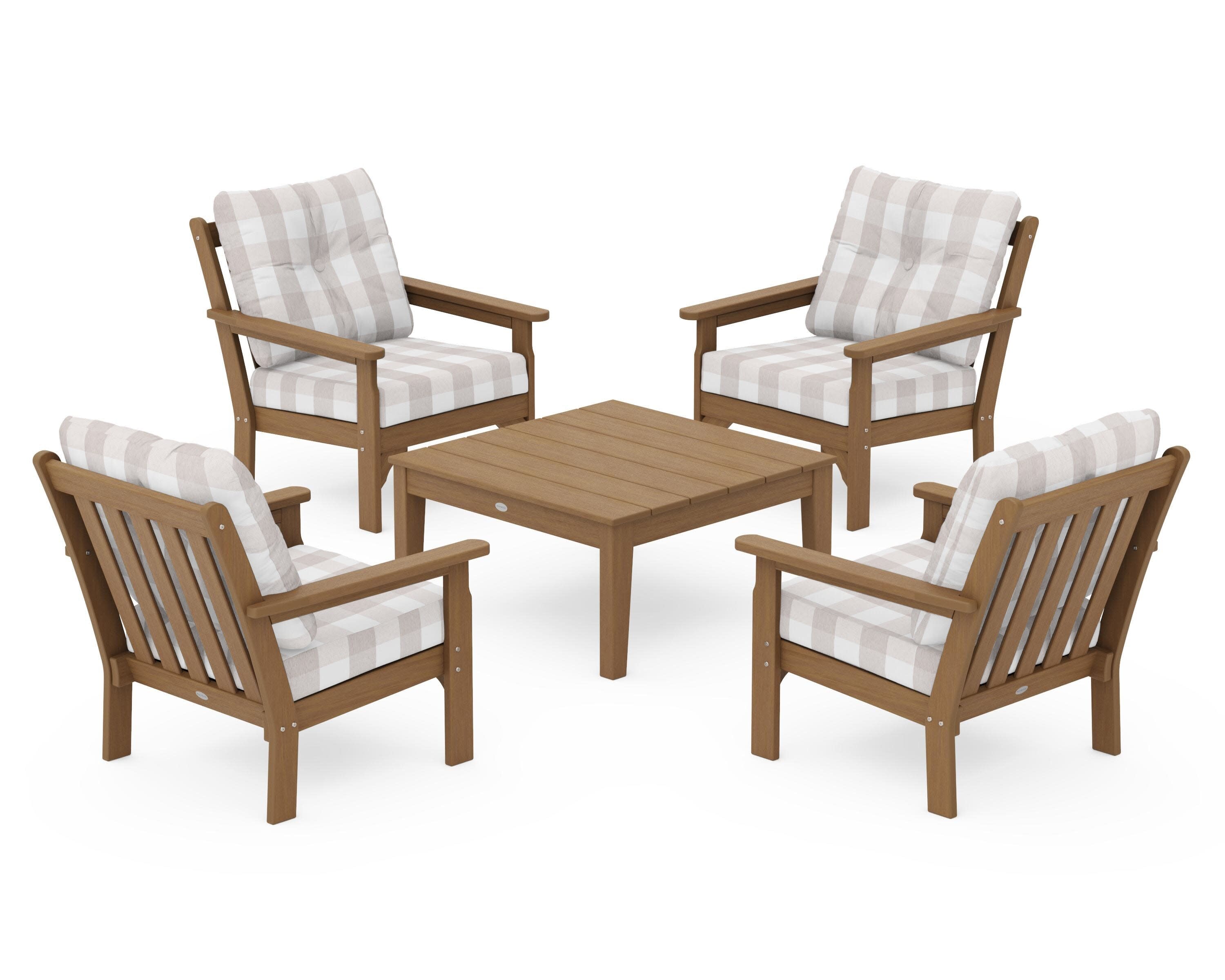 Vineyard 5-Piece Deep Seating Conversation Set in Natural / Buffalo Plaid Dune Burlap