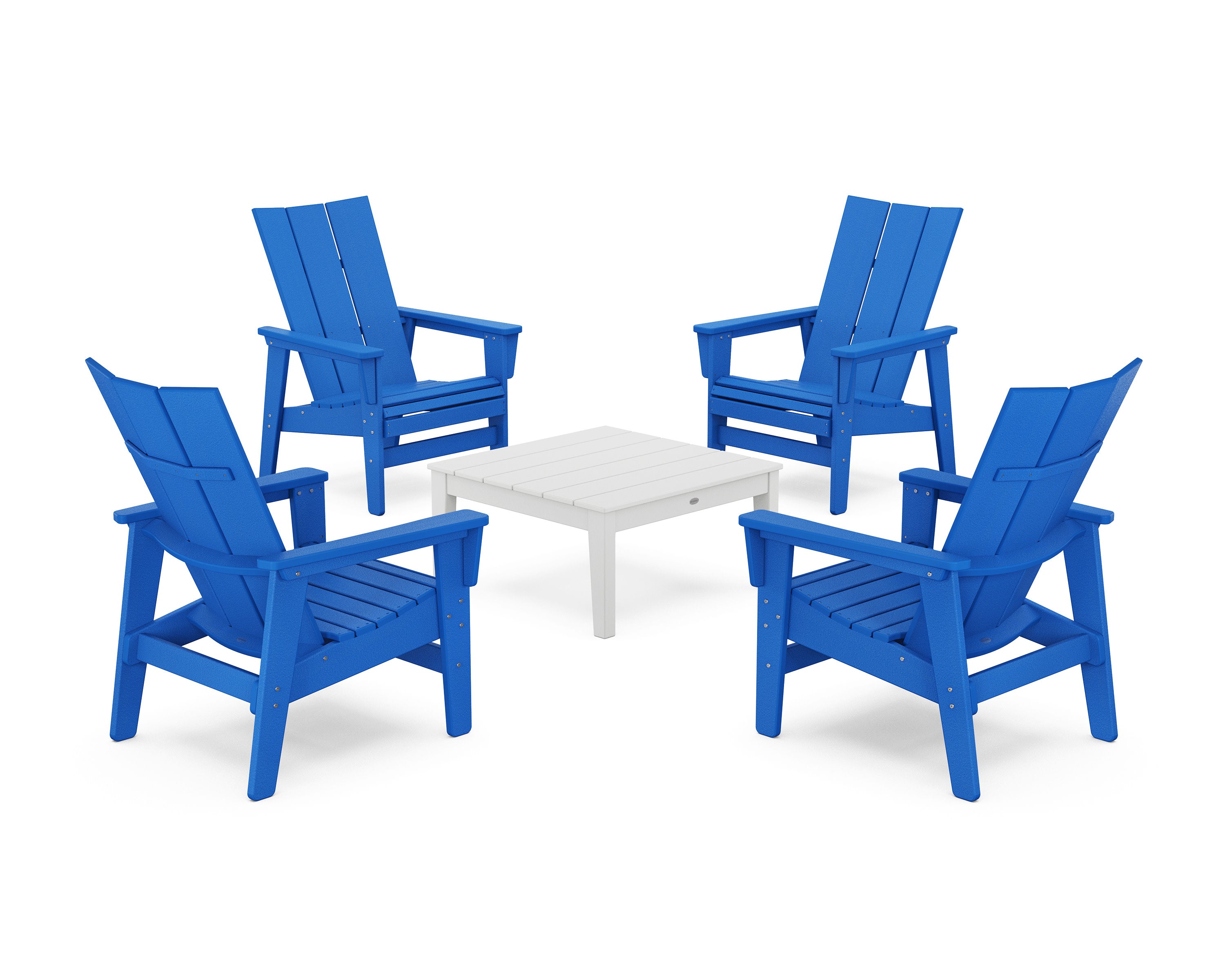 5-Piece Modern Grand Upright Adirondack Chair Conversation Group in Pacific Blue / White