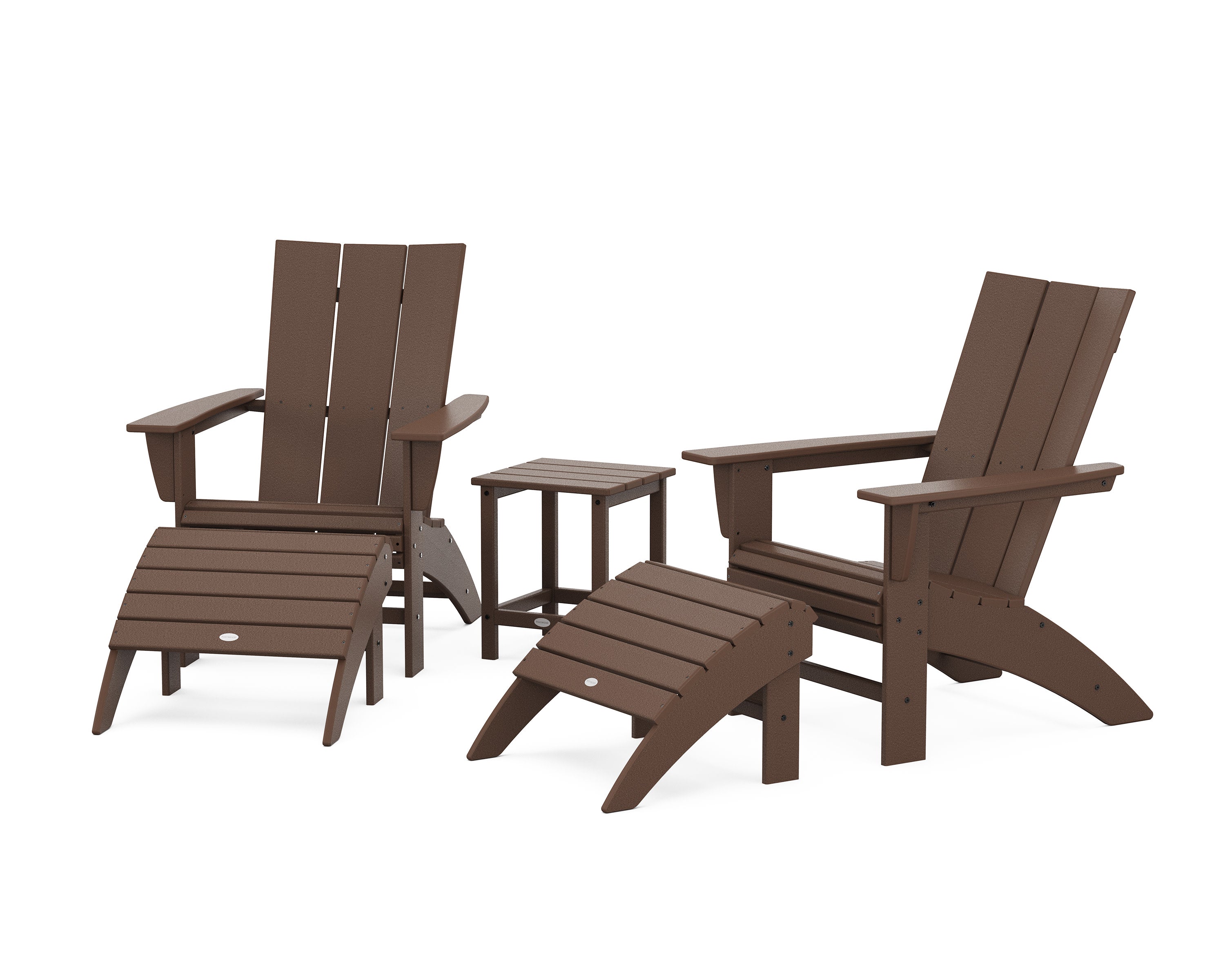 Modern Curveback Adirondack Chair 5-Piece Set with Ottomans and 18" Side Table in Mahogany