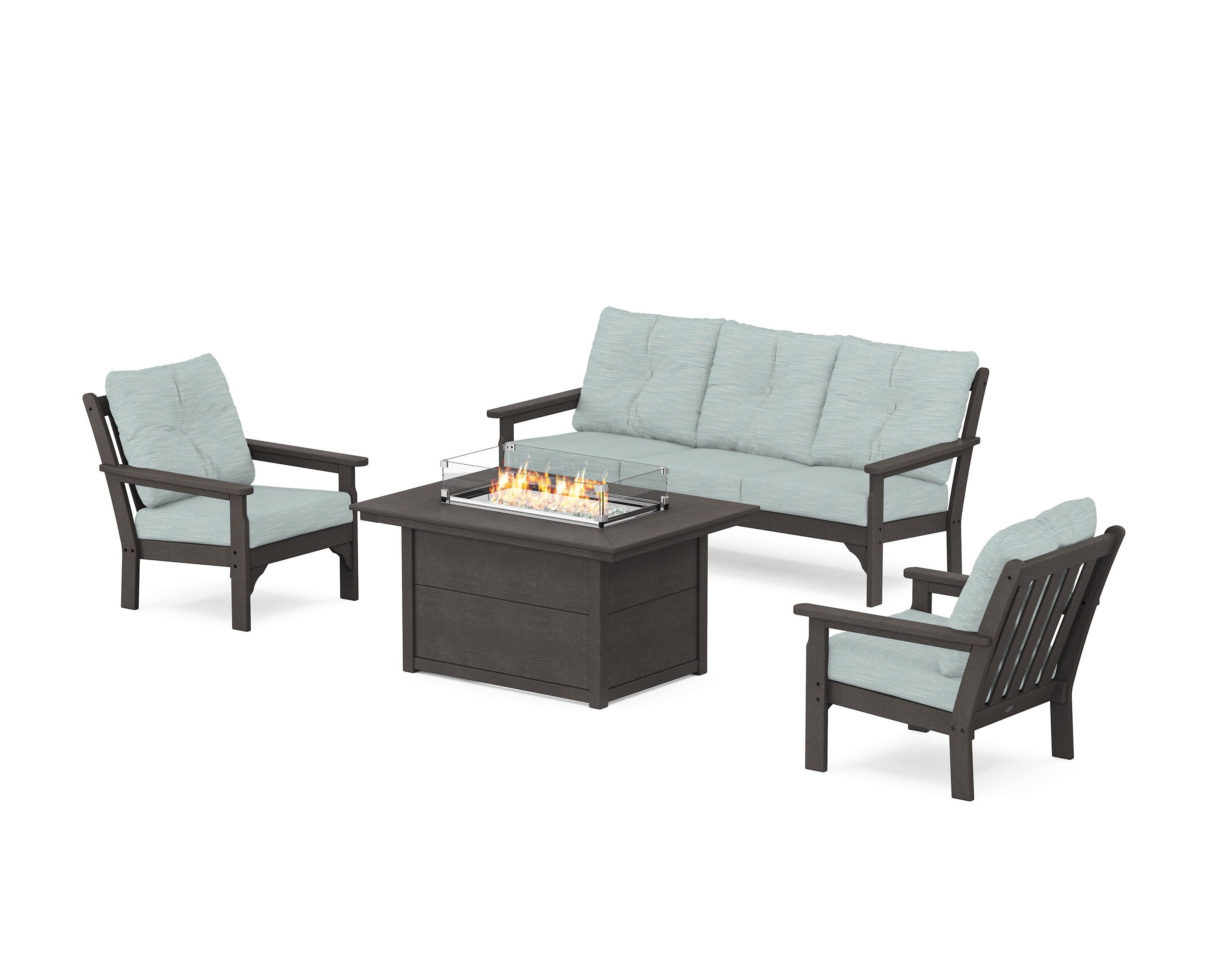 Vineyard Deep Seating Fire Pit Table Set in Vintage Coffee / Soothe Mist
