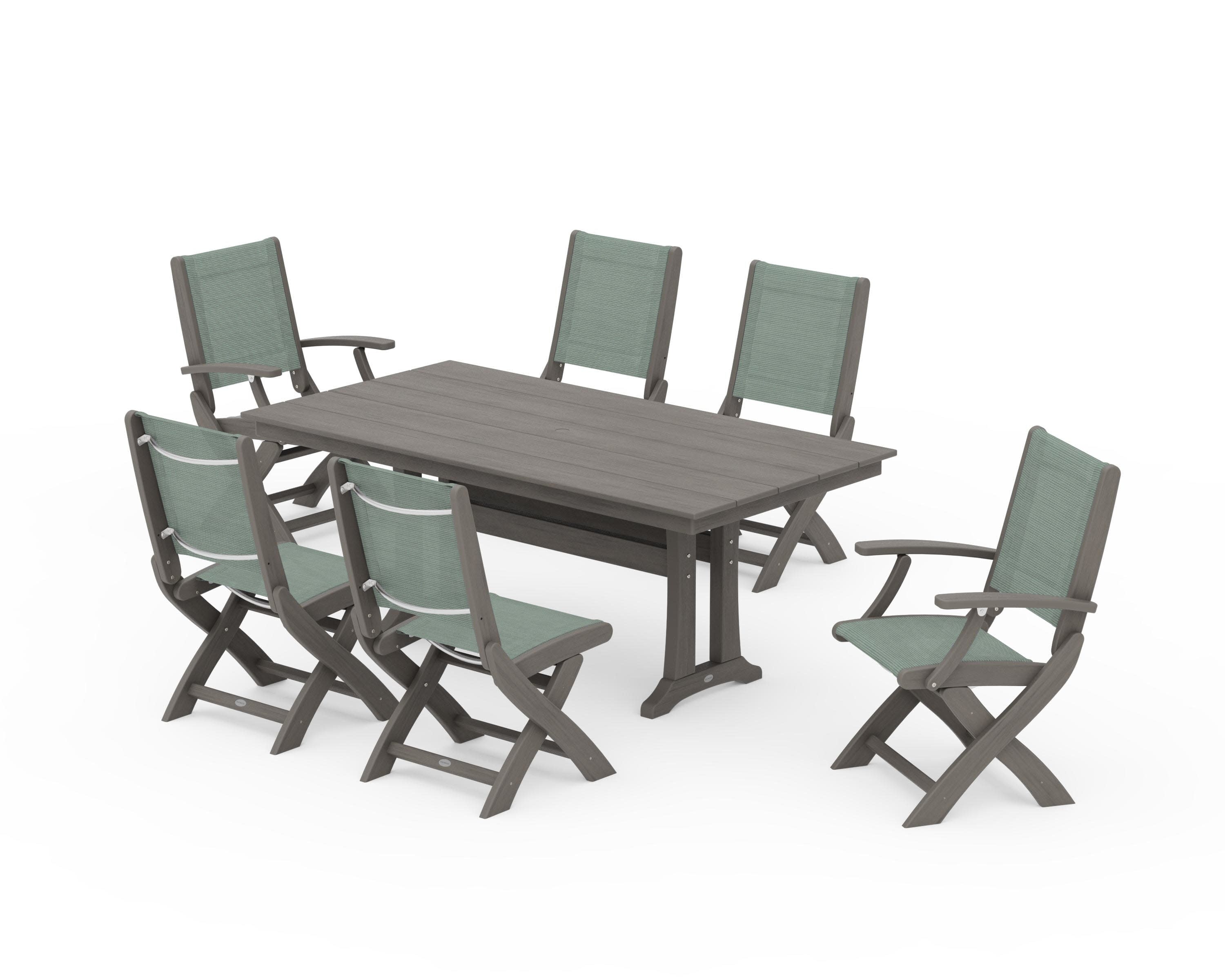 Coastal Folding Chair 7-Piece Farmhouse Dining Set with Trestle Legs in Driftwood / Dupioni Sea Mist Sling
