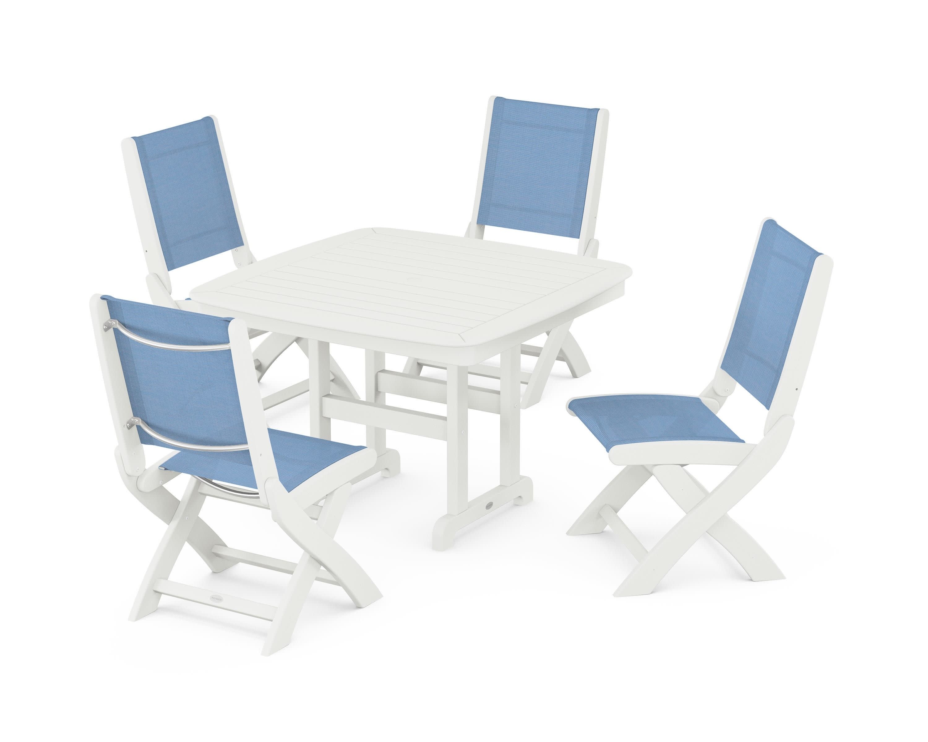 Coastal Folding Side Chair 5-Piece Dining Set in Vintage White / Poolside Sling