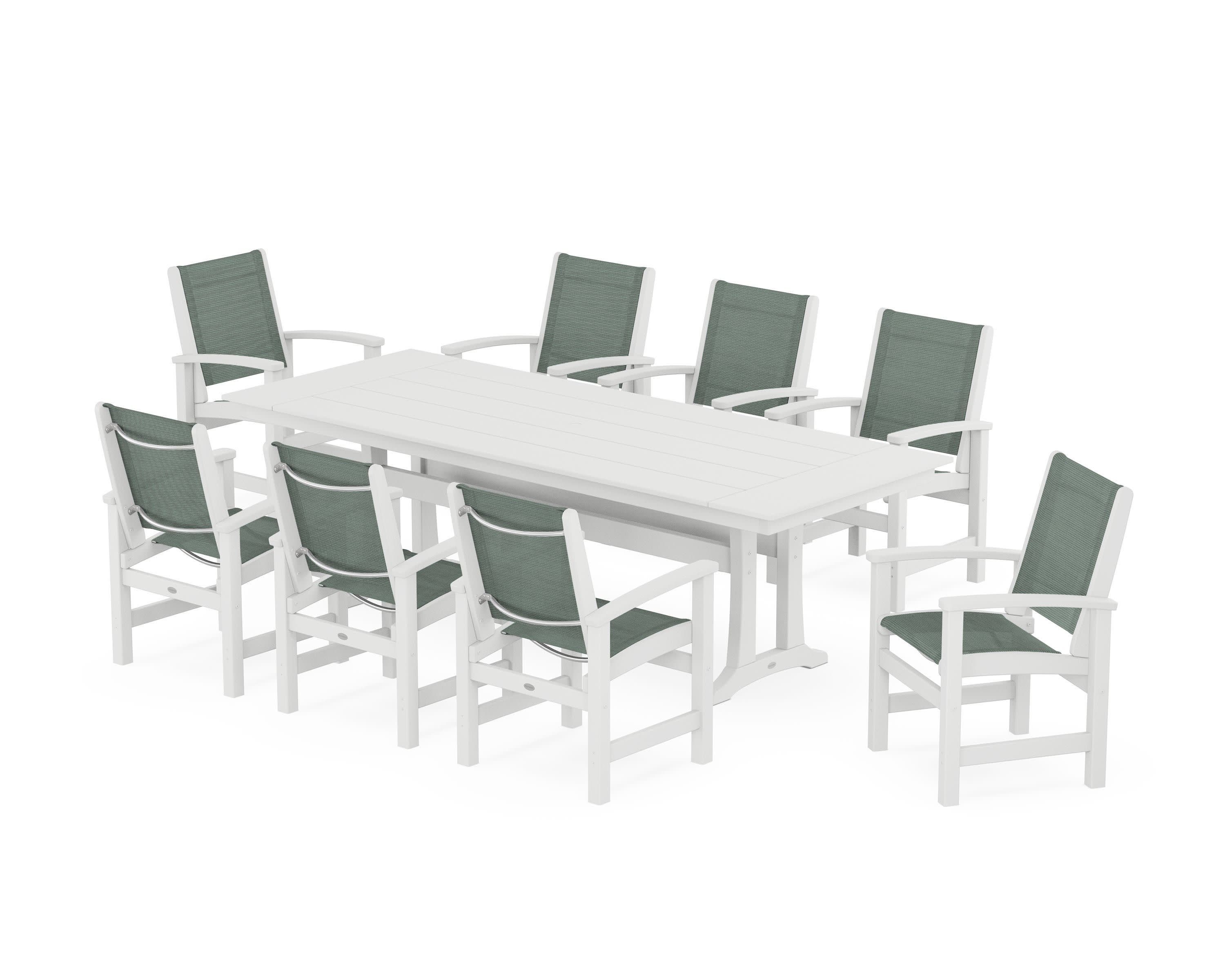 Coastal 9-Piece Farmhouse Dining Set with Trestle Legs in White / Dupioni Sea Mist Sling
