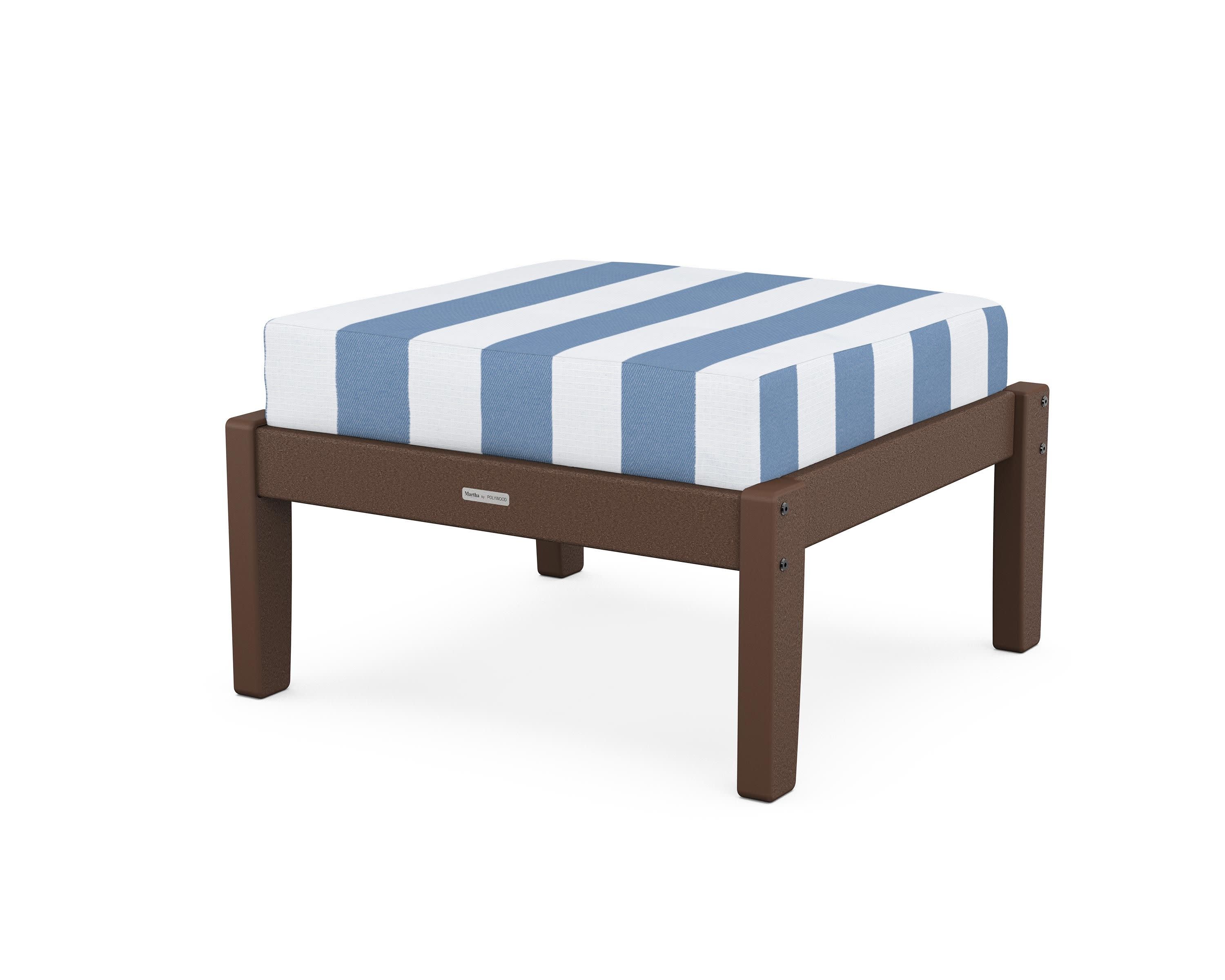 Chinoiserie Deep Seating Ottoman in Mahogany / Cabana Stripe Sky Blue