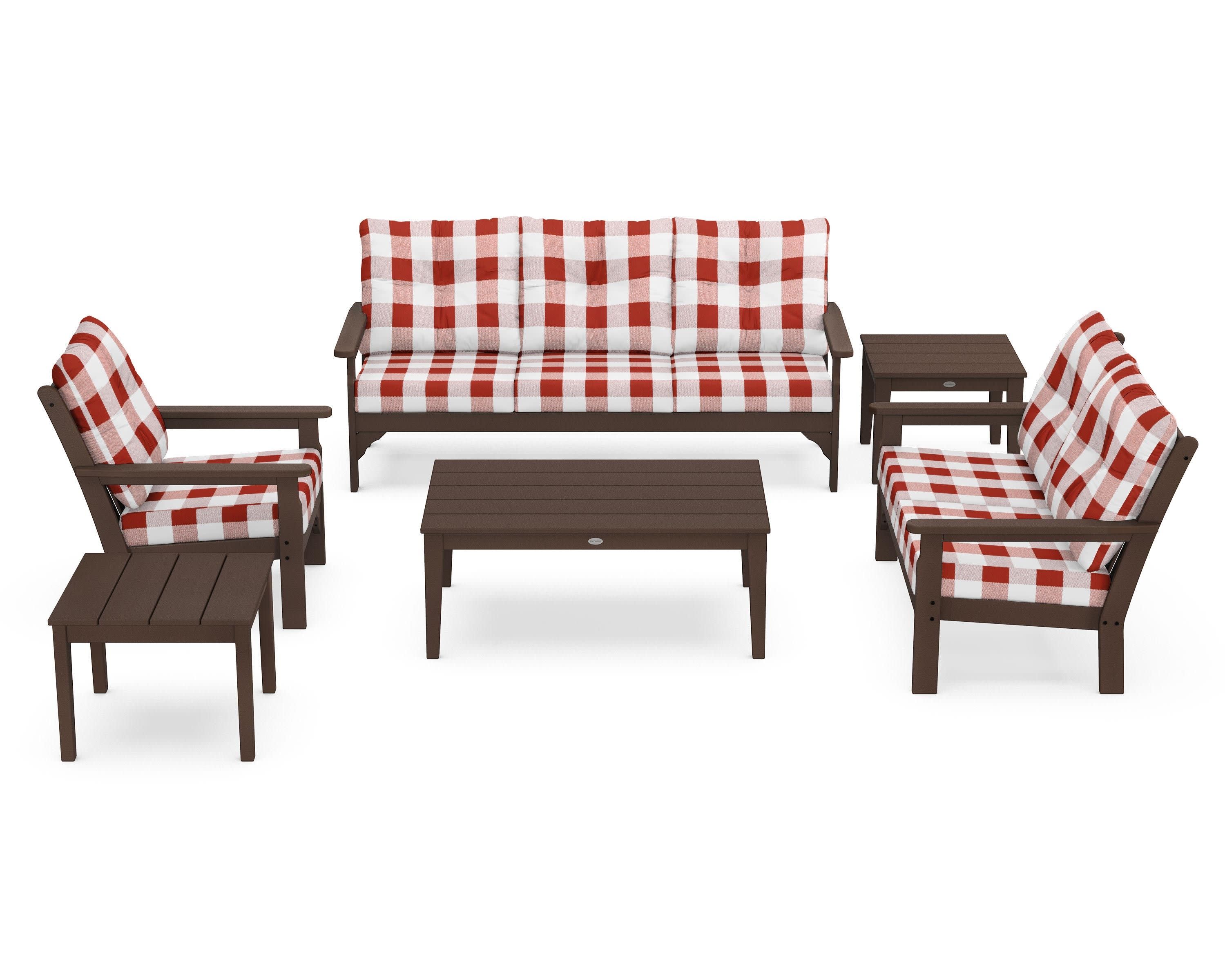 Vineyard 6-Piece Deep Seating Set in Mahogany / Buffalo Plaid Crimson