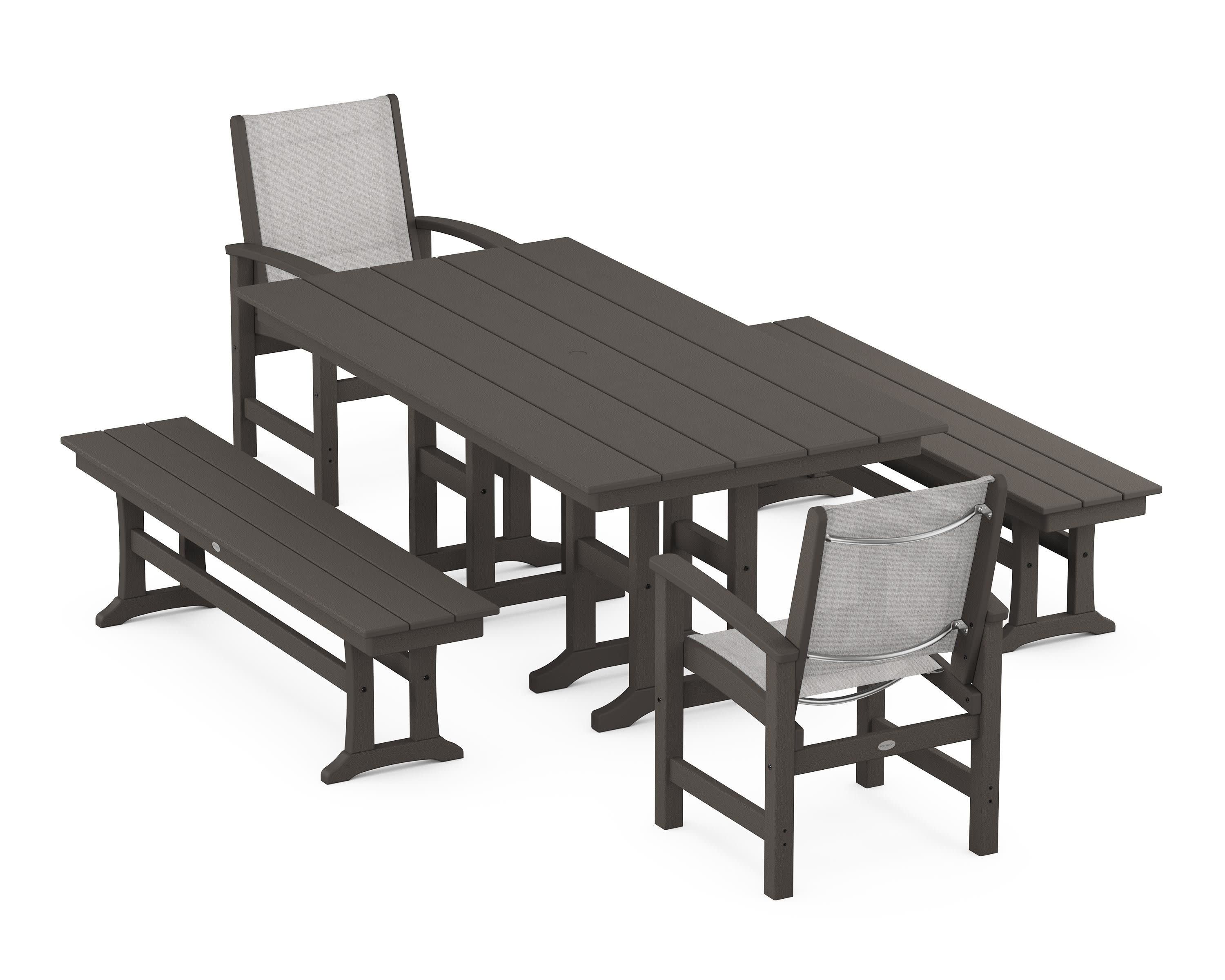 Coastal 5-Piece Farmhouse Dining Set in Vintage Coffee / Parchment Sling