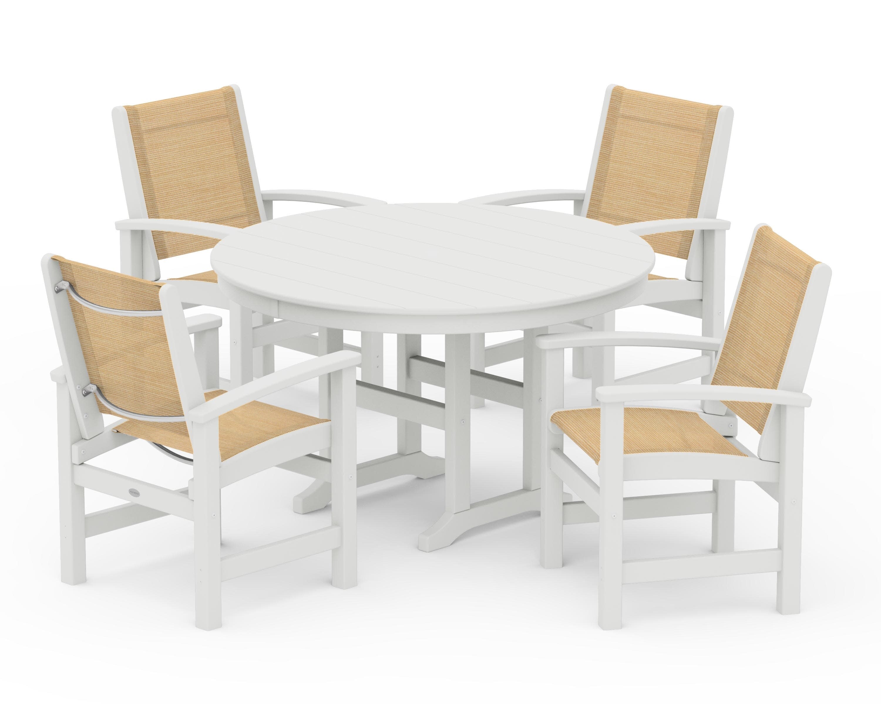 Coastal 5-Piece Round Farmhouse Dining Set in Vintage White / Dupioni Apricot Sling