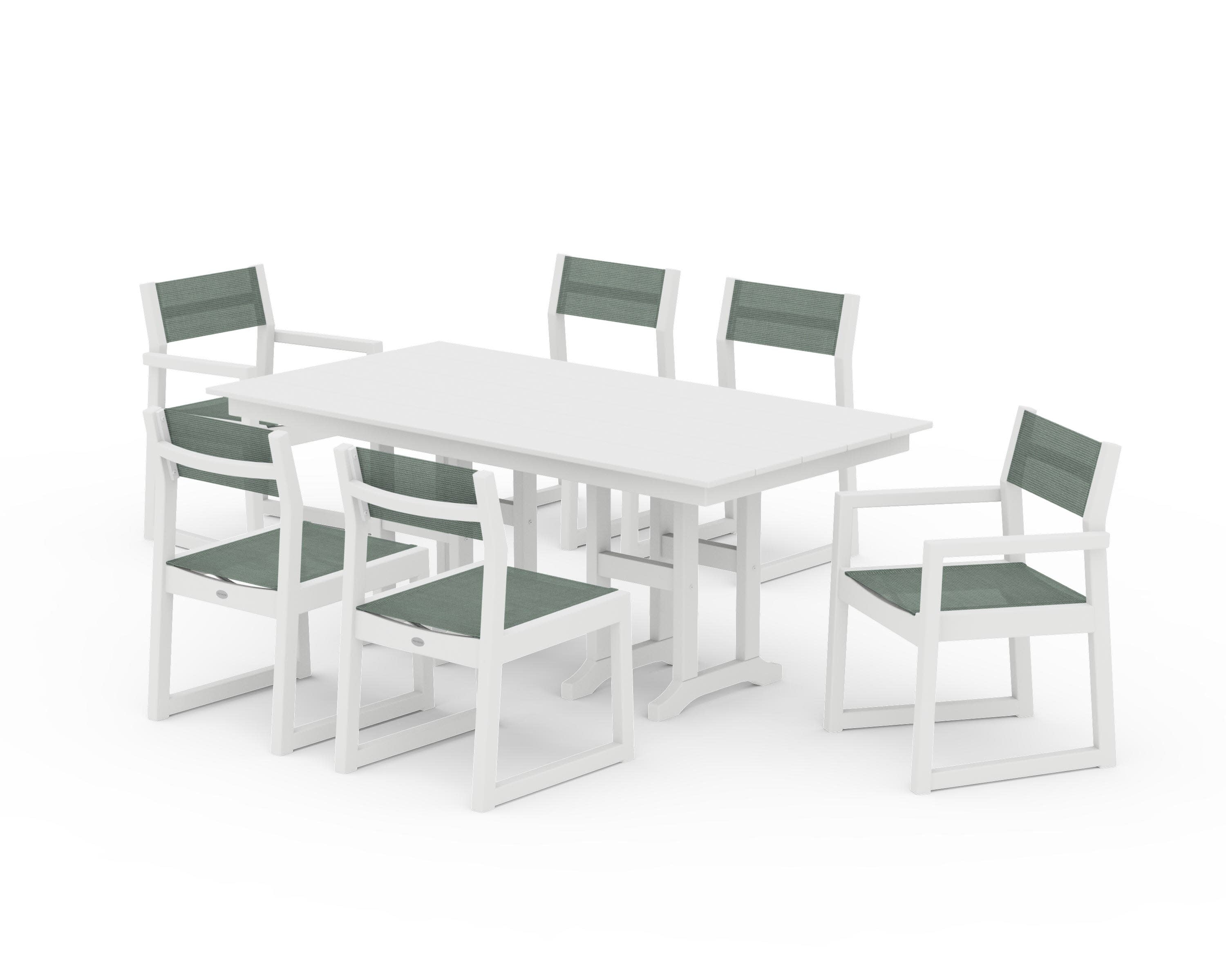 EDGE Sling 7-Piece Farmhouse Dining Set in White / Dupioni Sea Mist Sling