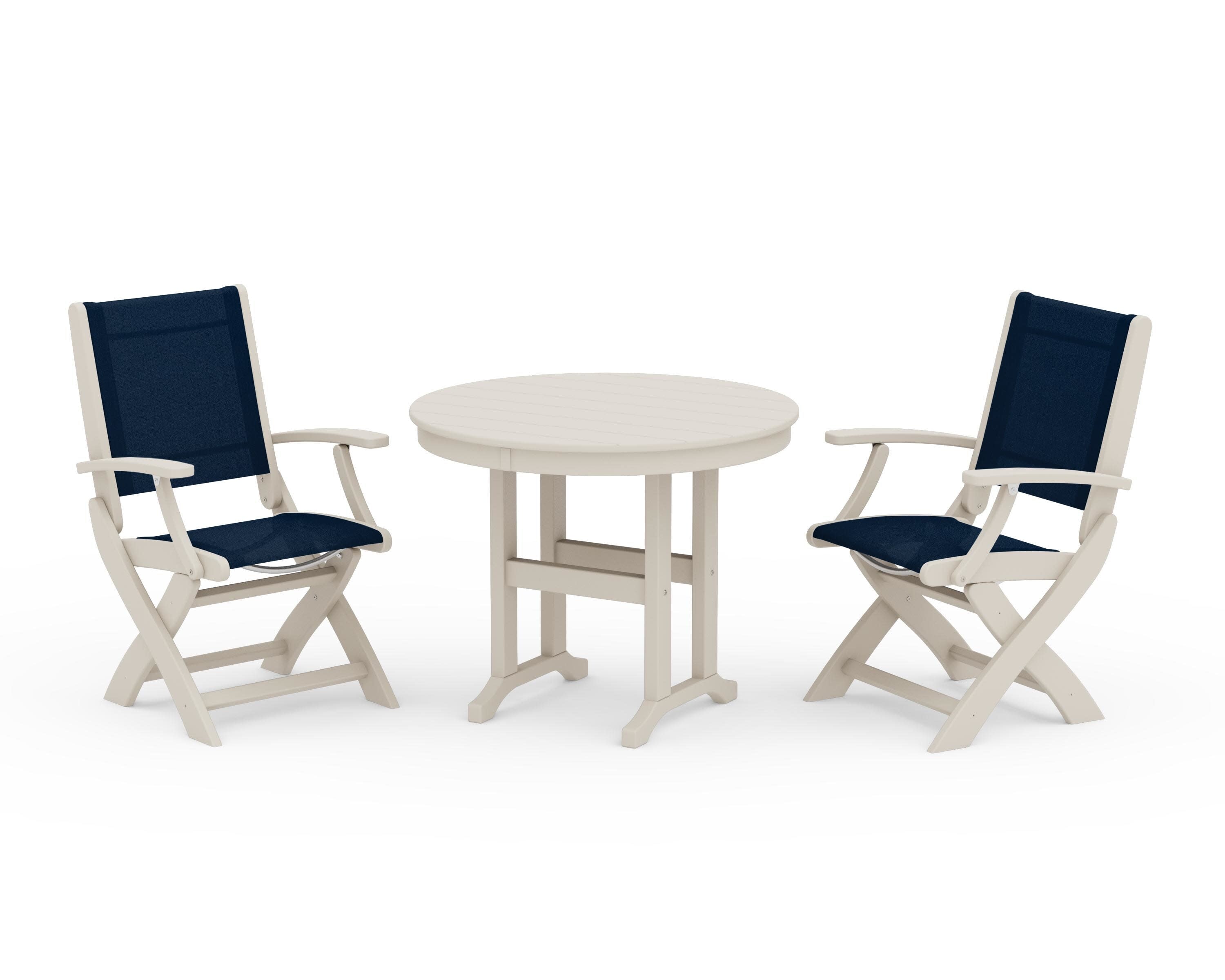 Coastal Folding Chair 3-Piece Round Dining Set in Sand / Navy Blue Sling