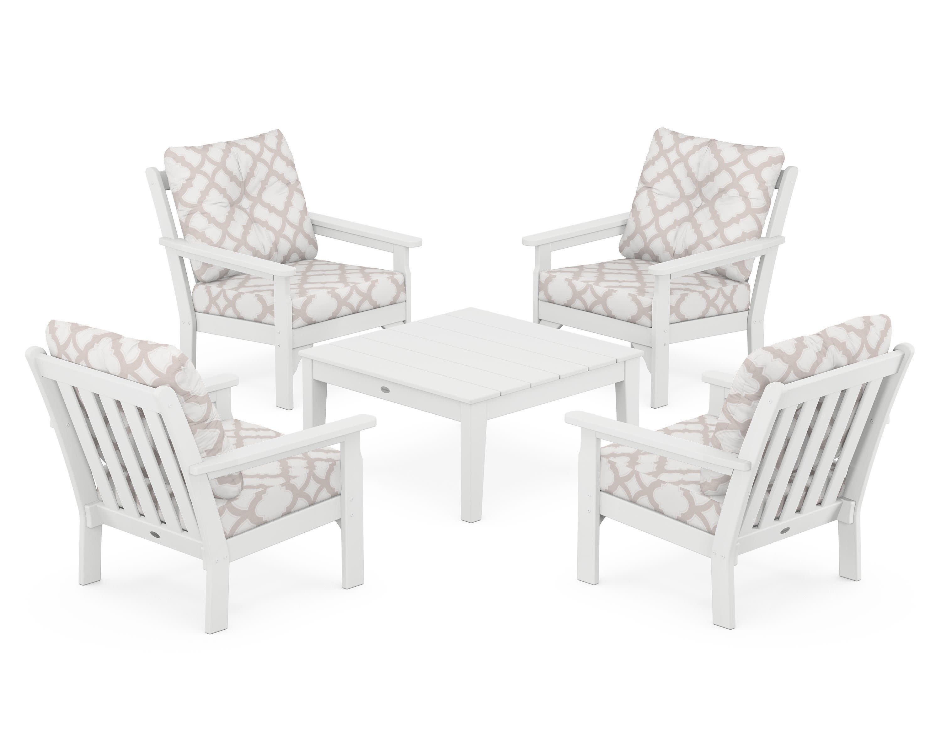Vineyard 5-Piece Deep Seating Conversation Set in White / Trellis Dune Burlap
