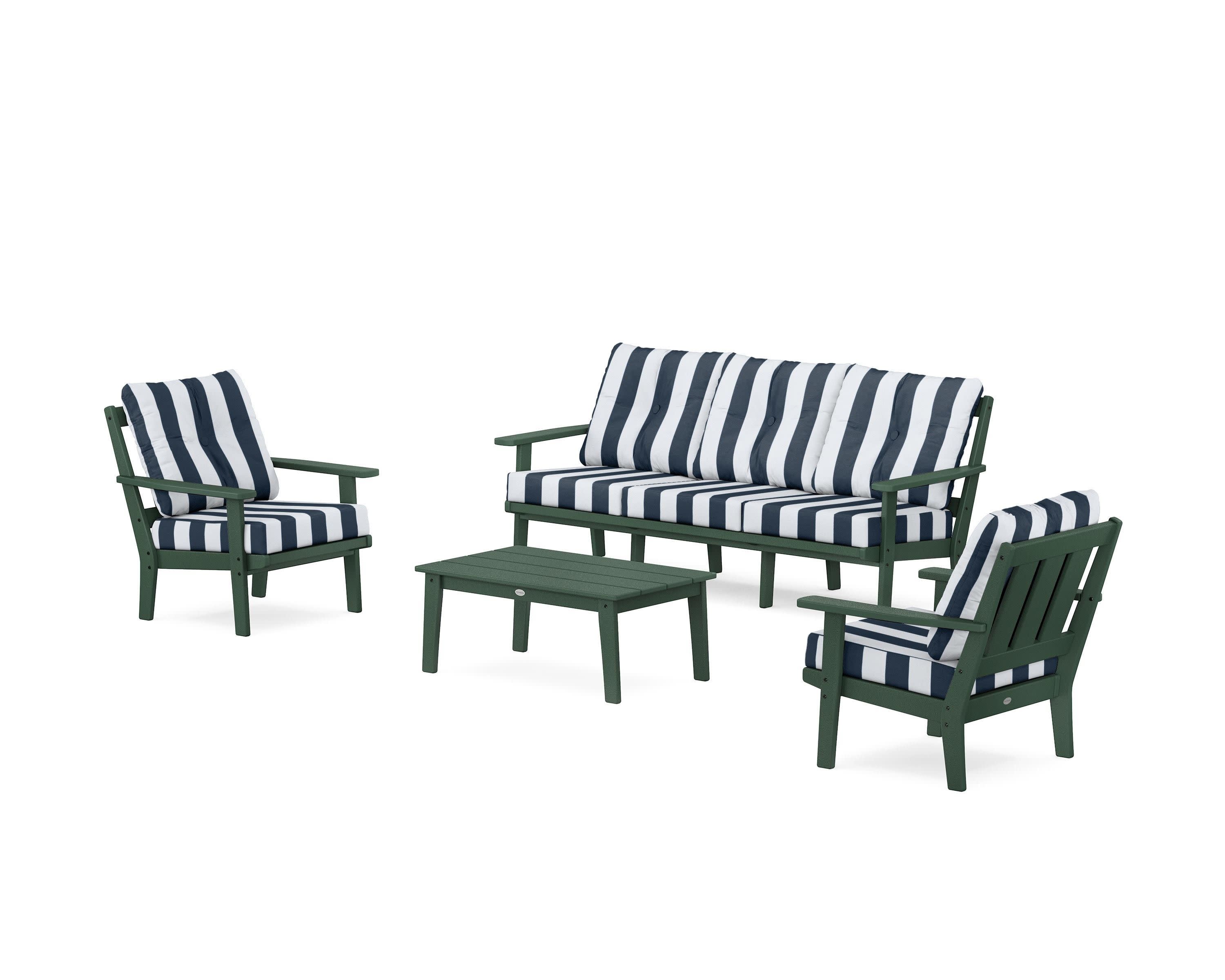 Oxford 4-Piece Deep Seating Set with Sofa in Green / Cabana Stripe Marine Indigo