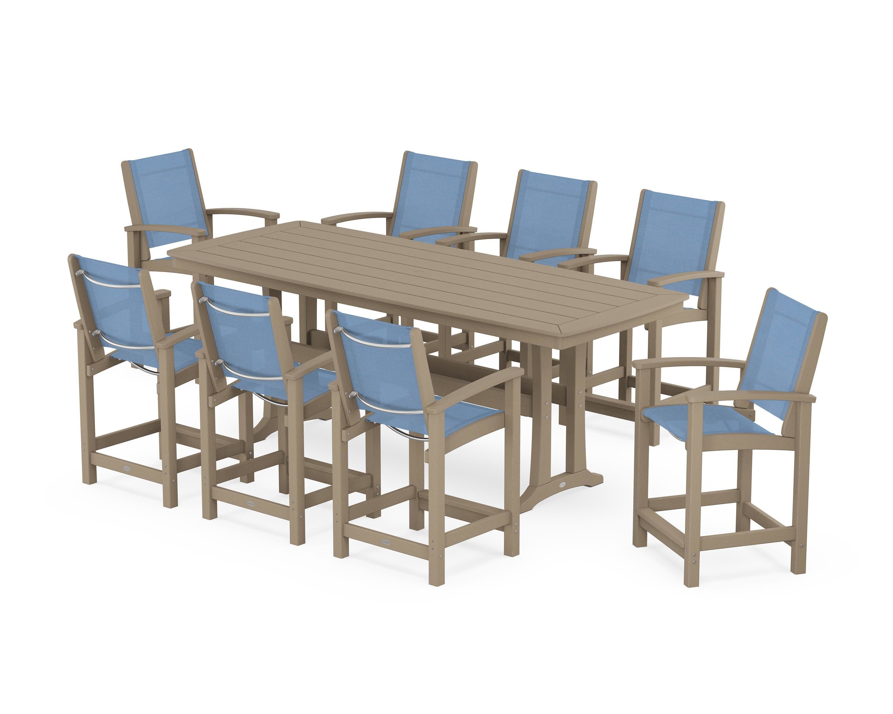 Coastal 9-Piece Counter Set with Trestle Legs in Vintage Sahara / Poolside Sling