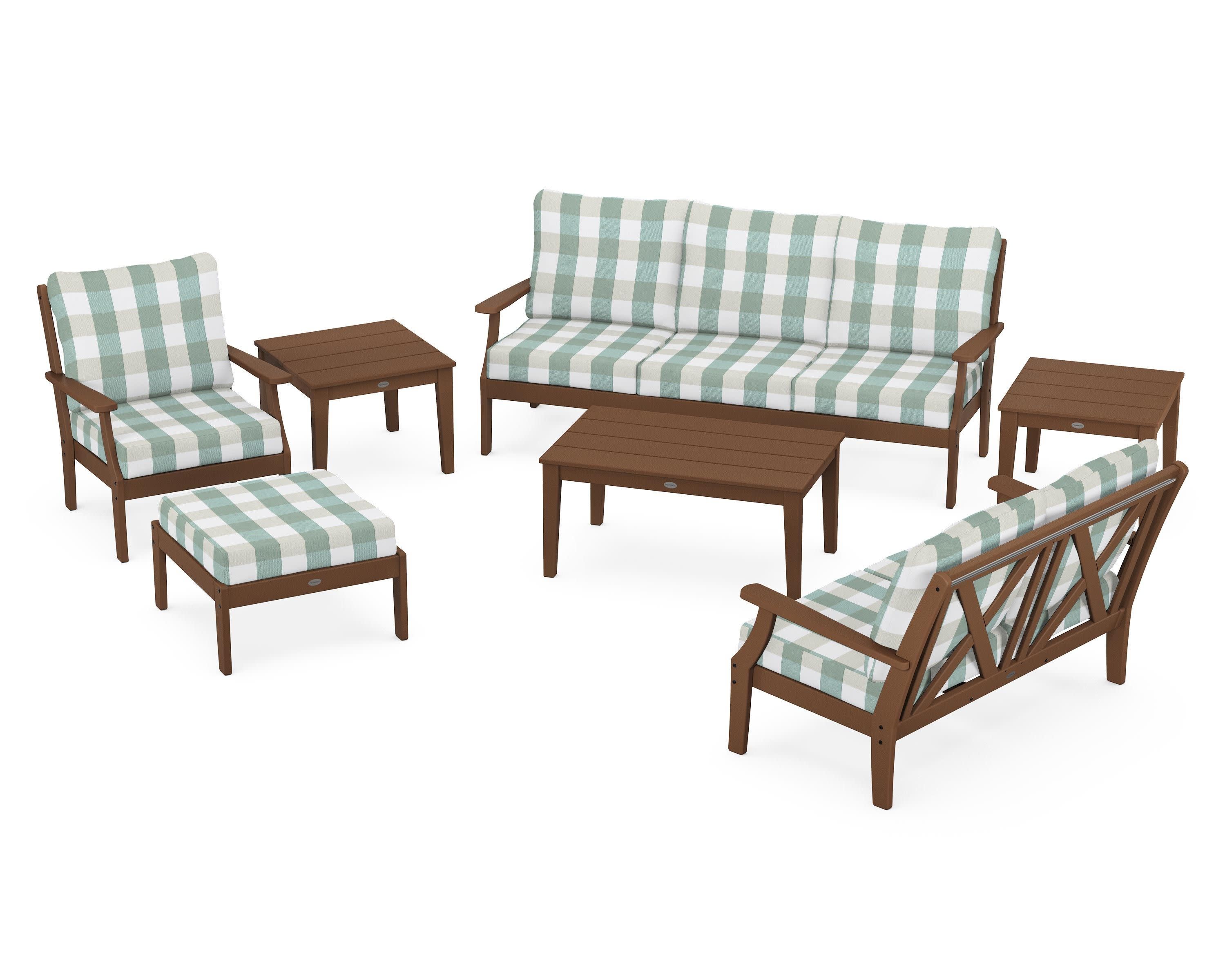Braxton 7-Piece Deep Seating Set in Teak / Buffalo Plaid Glacier Spa