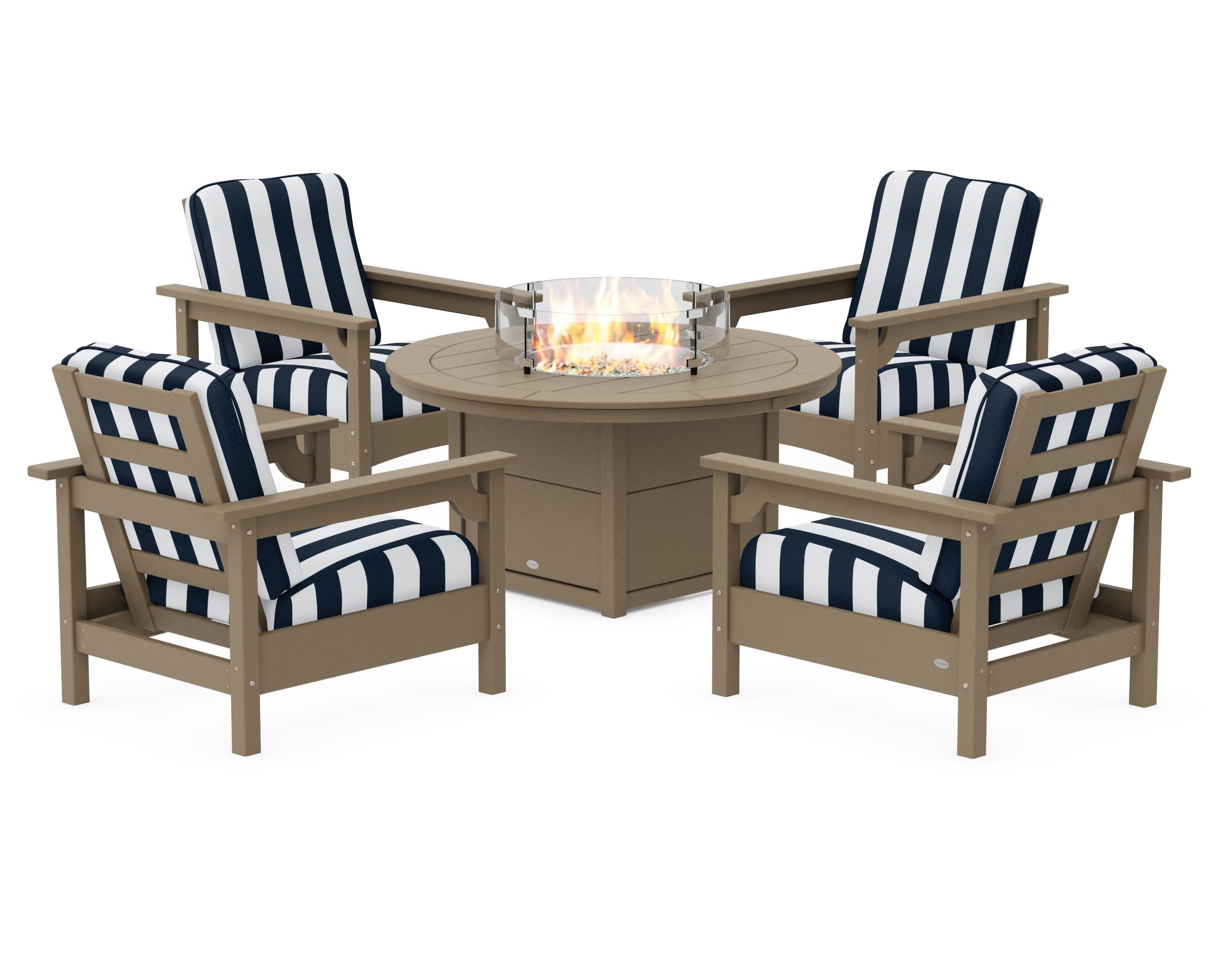 Club 5-Piece Conversation Set with Fire Pit Table in Vintage Sahara / Cabana Stripe Marine Indigo