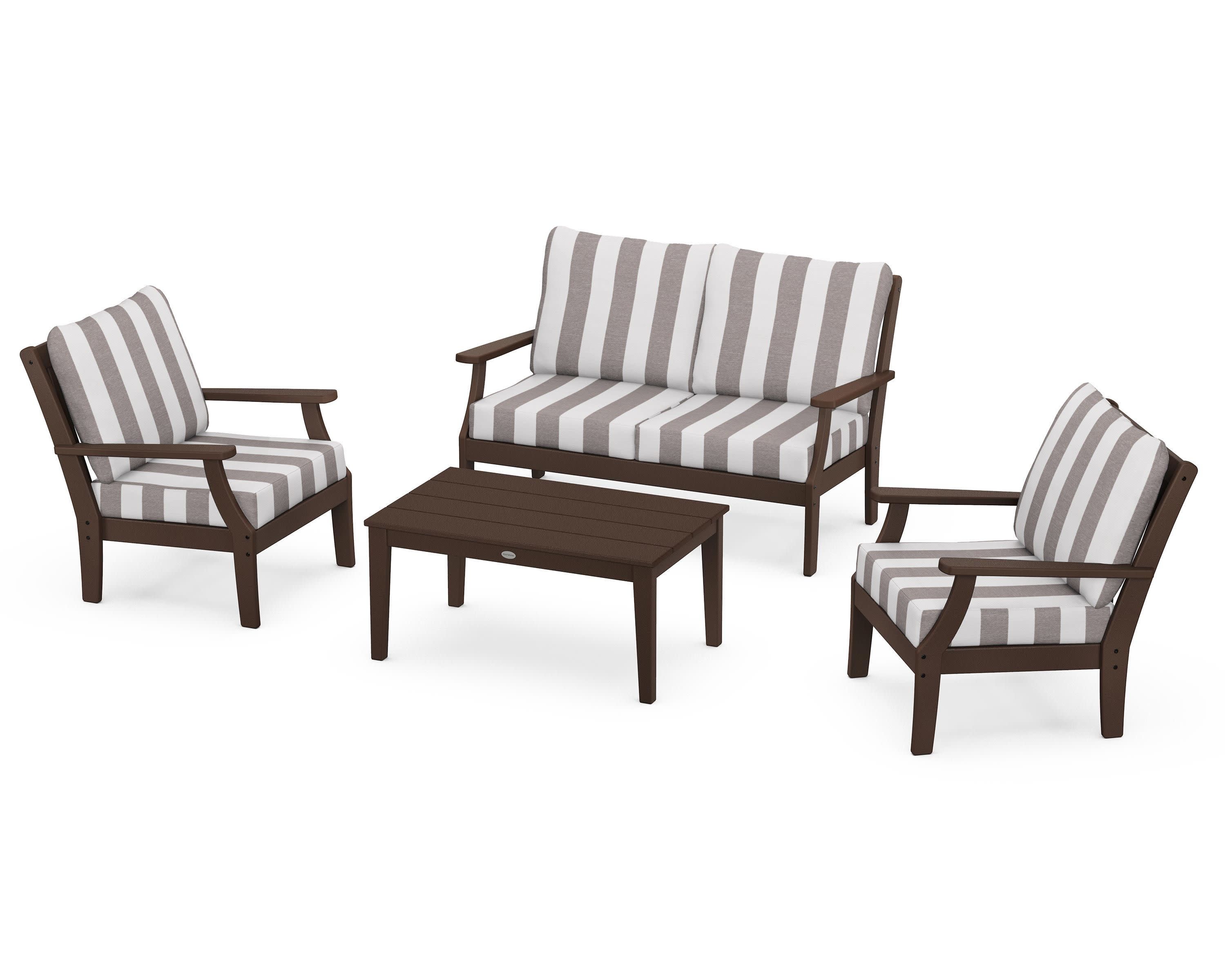 Braxton 4-Piece Deep Seating Chair Set in Mahogany / Cabana Stripe Grey Mist