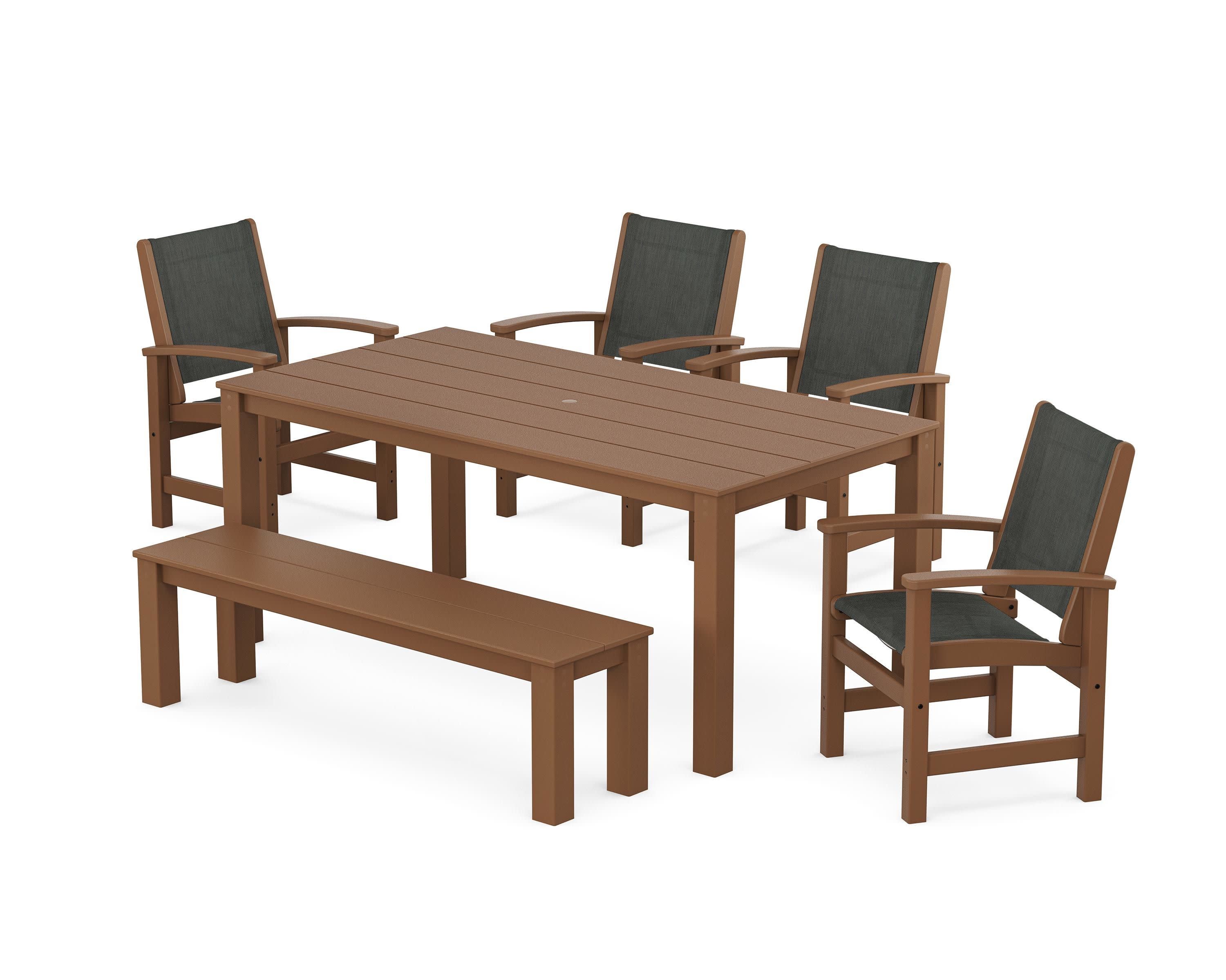 Coastal 6-Piece Parsons Dining Set with Bench in Teak / Ember Sling