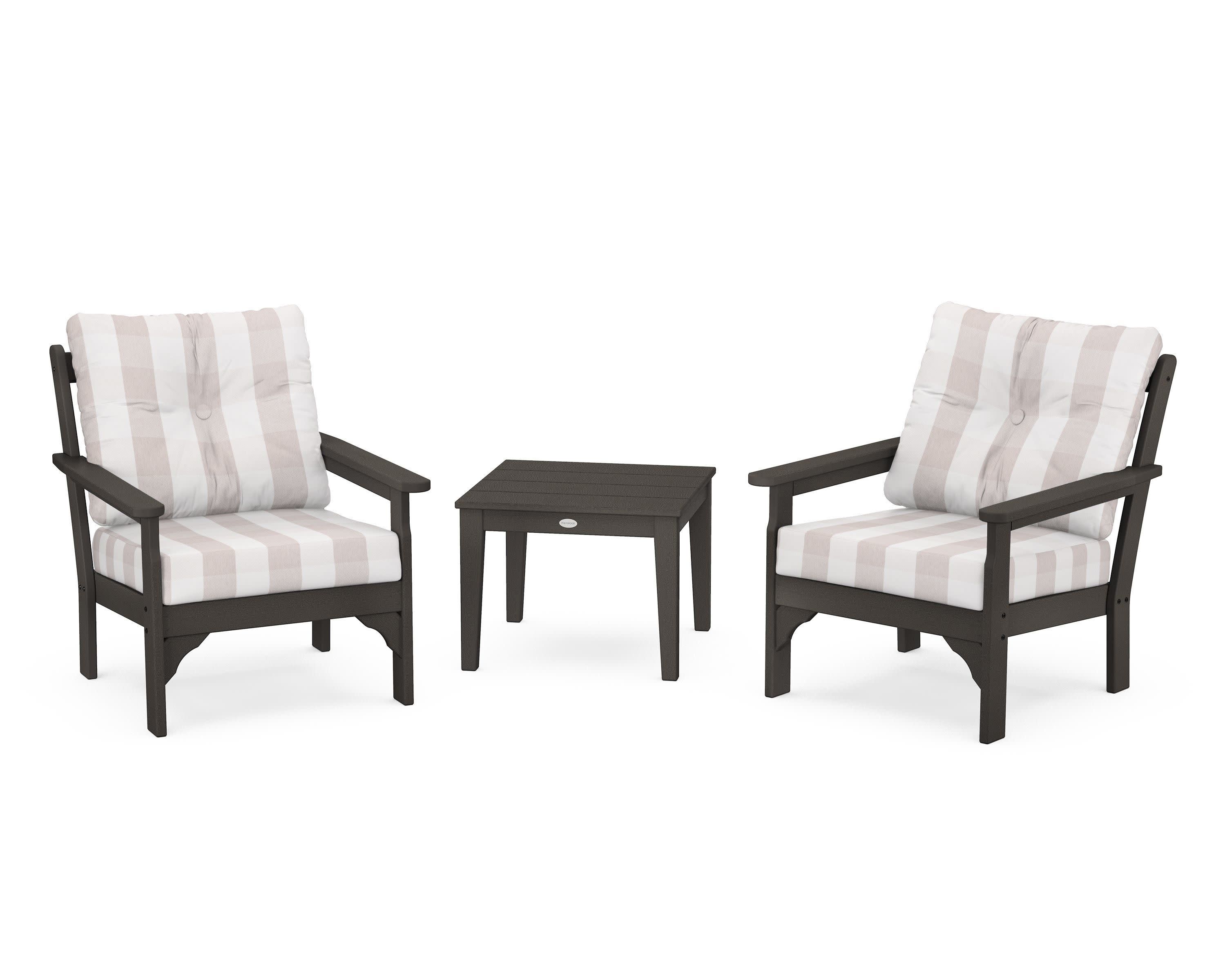 Vineyard 3-Piece Deep Seating Set in Vintage Coffee / Buffalo Plaid Dune Burlap