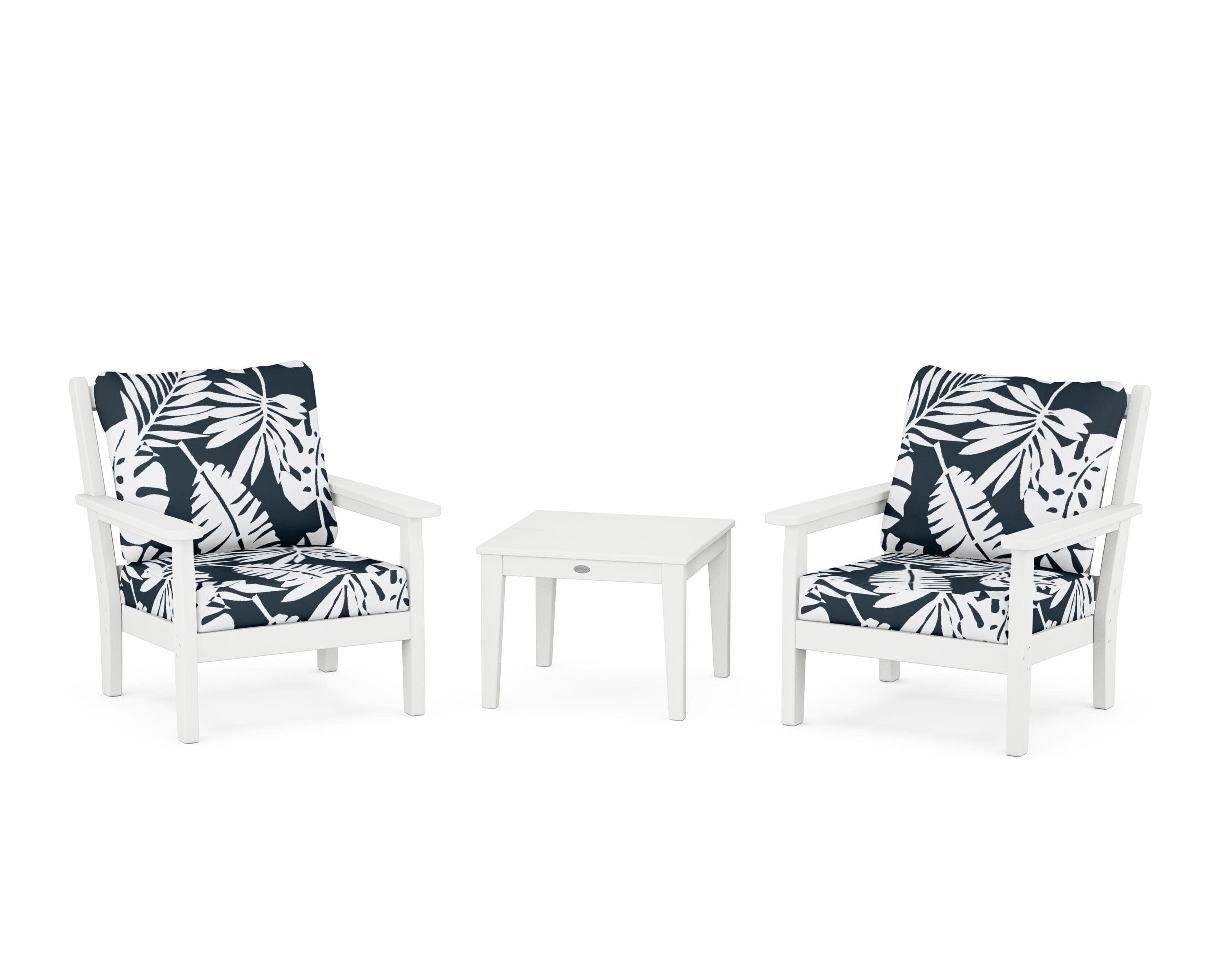 Chippendale 3-Piece Deep Seating Set in White / Leaf Marine Indigo