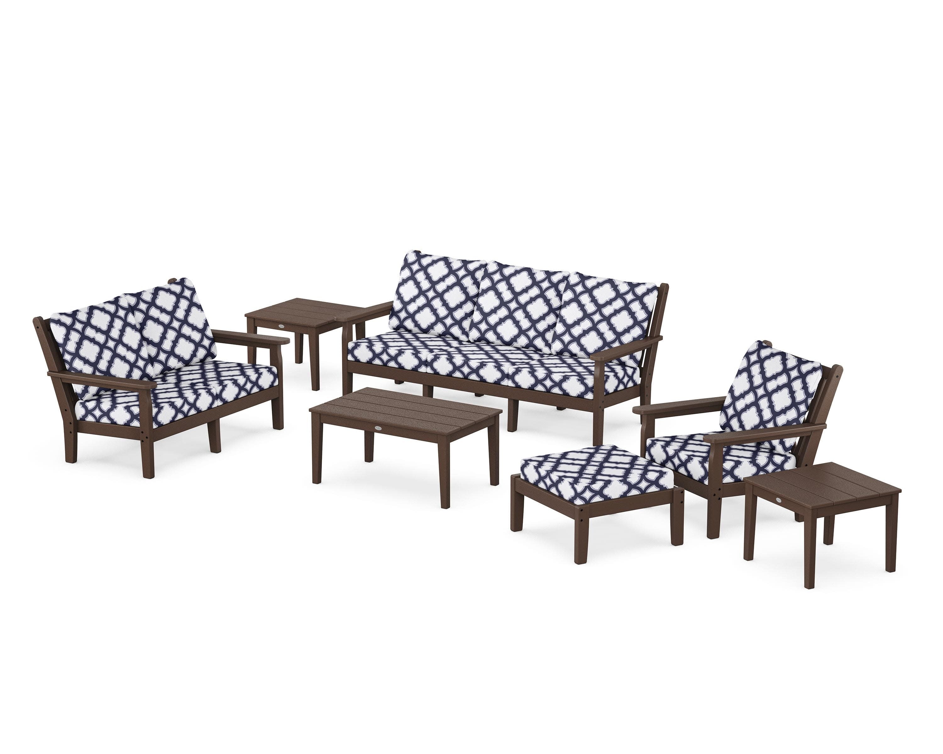 Chippendale 7-Piece Deep Seating Set in Mahogany / Trellis Navy