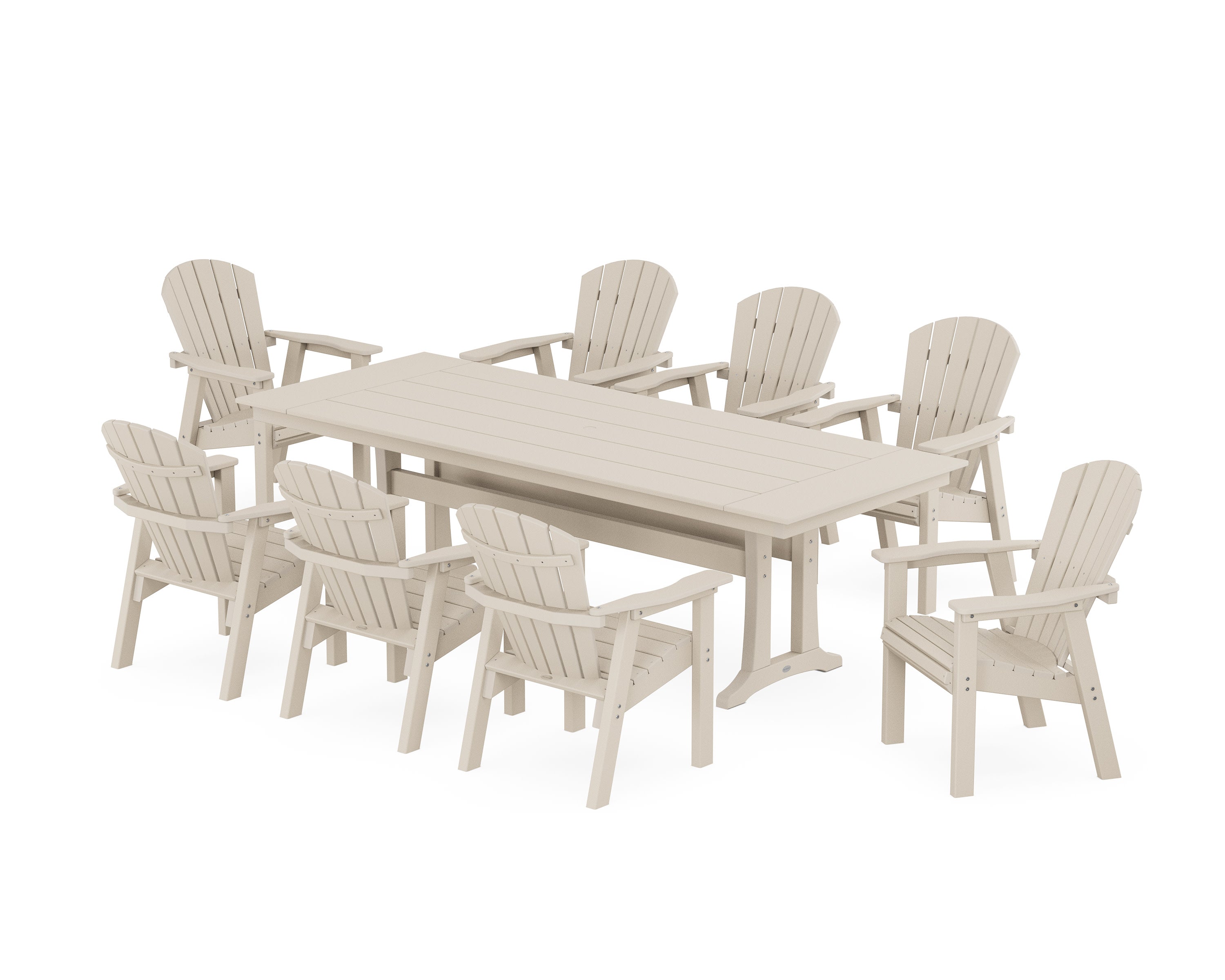 Seashell 9-Piece Farmhouse Dining Set with Trestle Legs in Sand