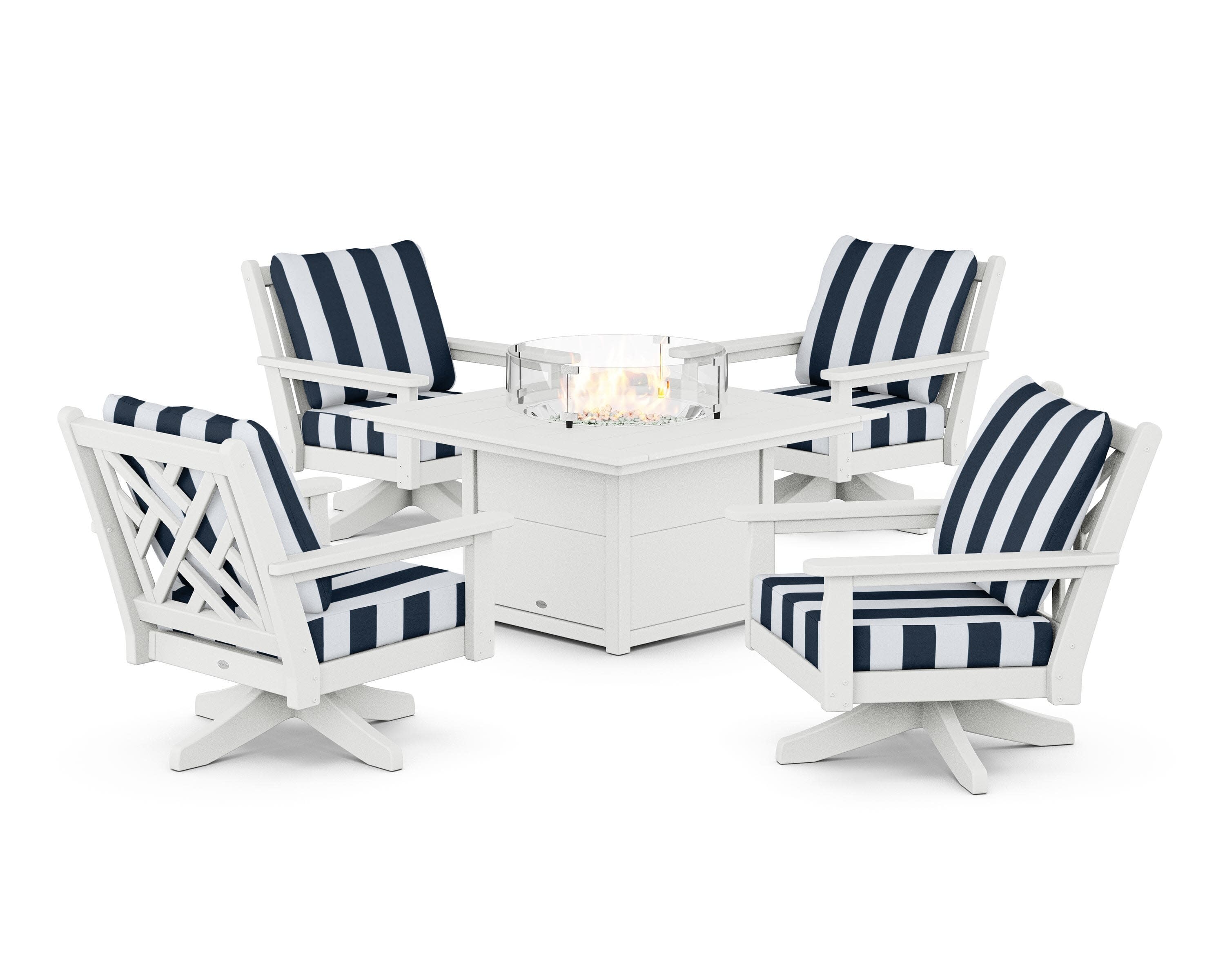 Chippendale 5-Piece Deep Seating Swivel Conversation Set with Fire Pit Table in White / Cabana Stripe Marine Indigo
