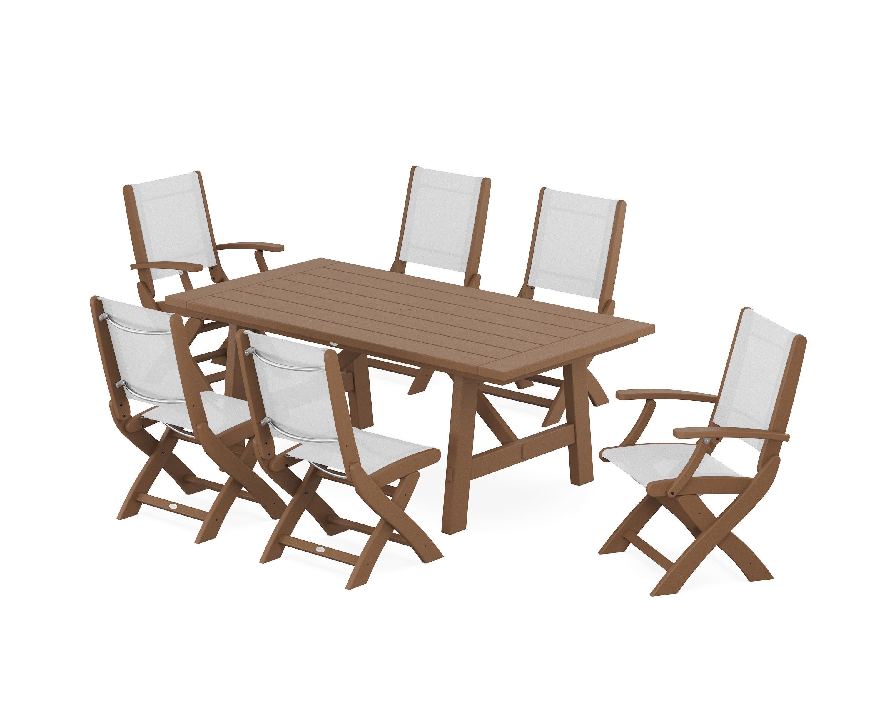 Coastal Folding Chair 7-Piece Rustic Farmhouse Dining Set in Teak / White Sling