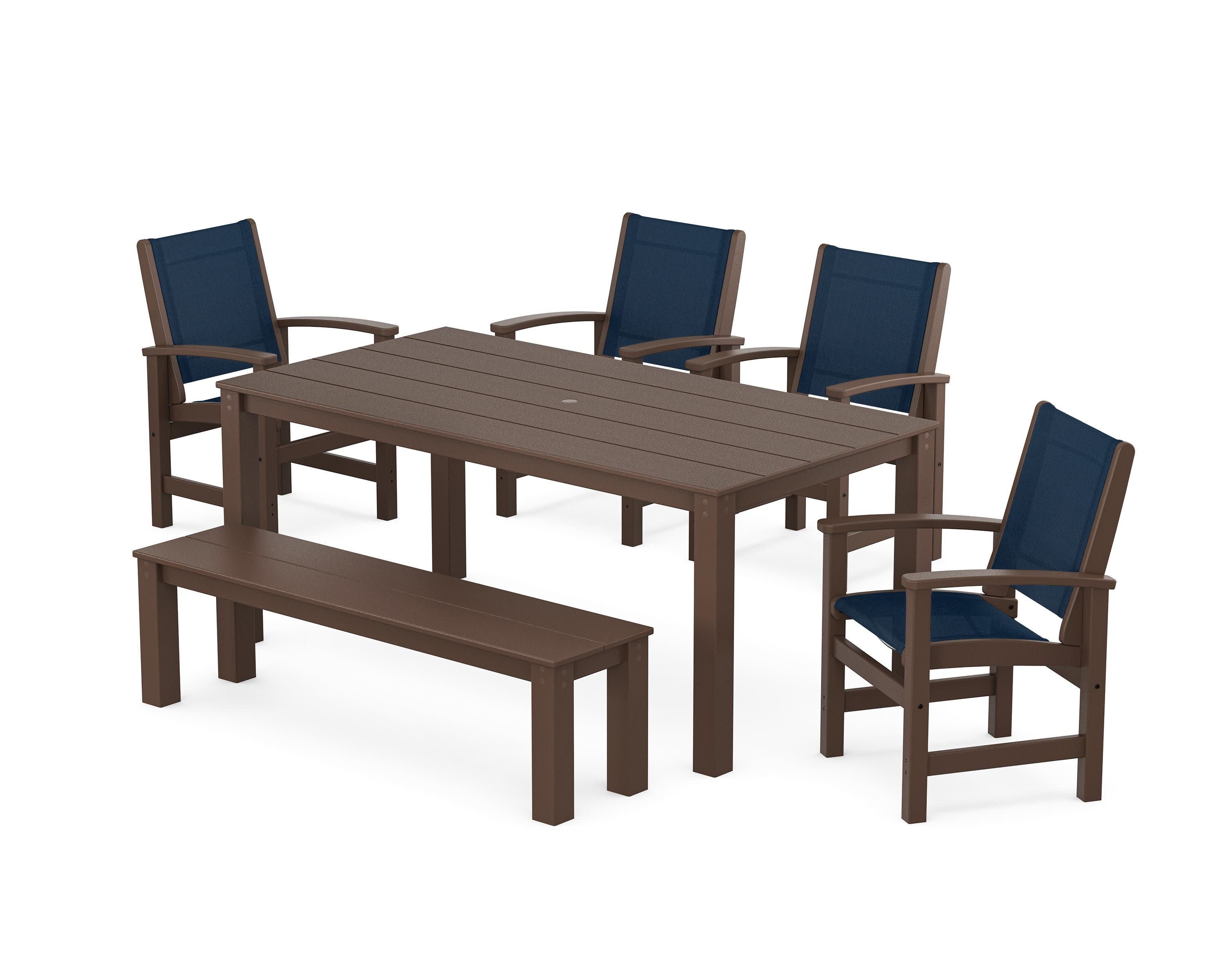 Coastal 6-Piece Parsons Dining Set with Bench in Mahogany / Navy Blue Sling