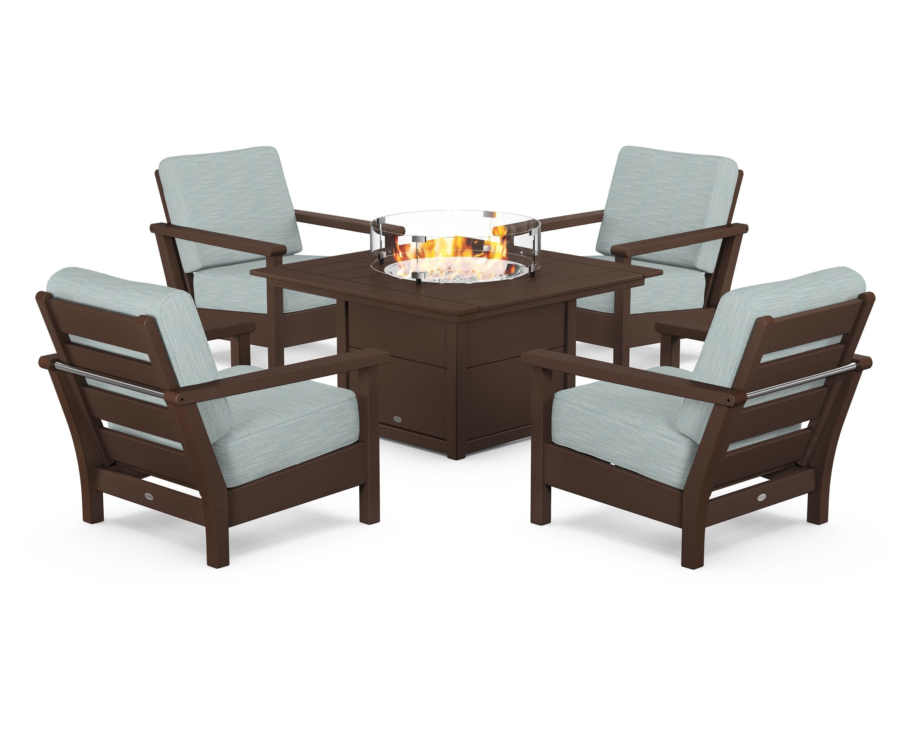 Harbour 5-Piece Conversation Set with Fire Pit Table in Mahogany / Soothe Mist