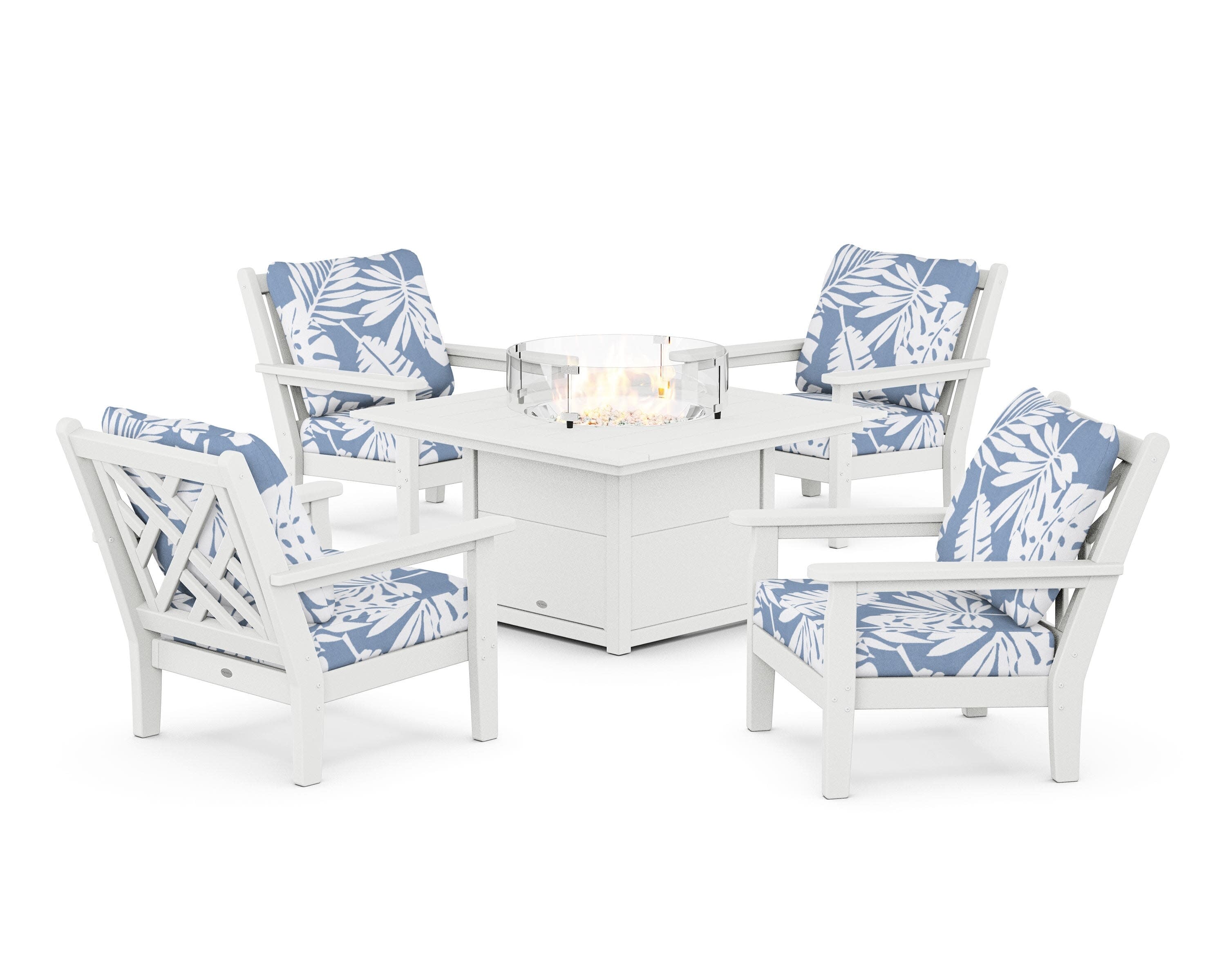 Chippendale 5-Piece Deep Seating Set with Fire Pit Table in White / Leaf Sky Blue