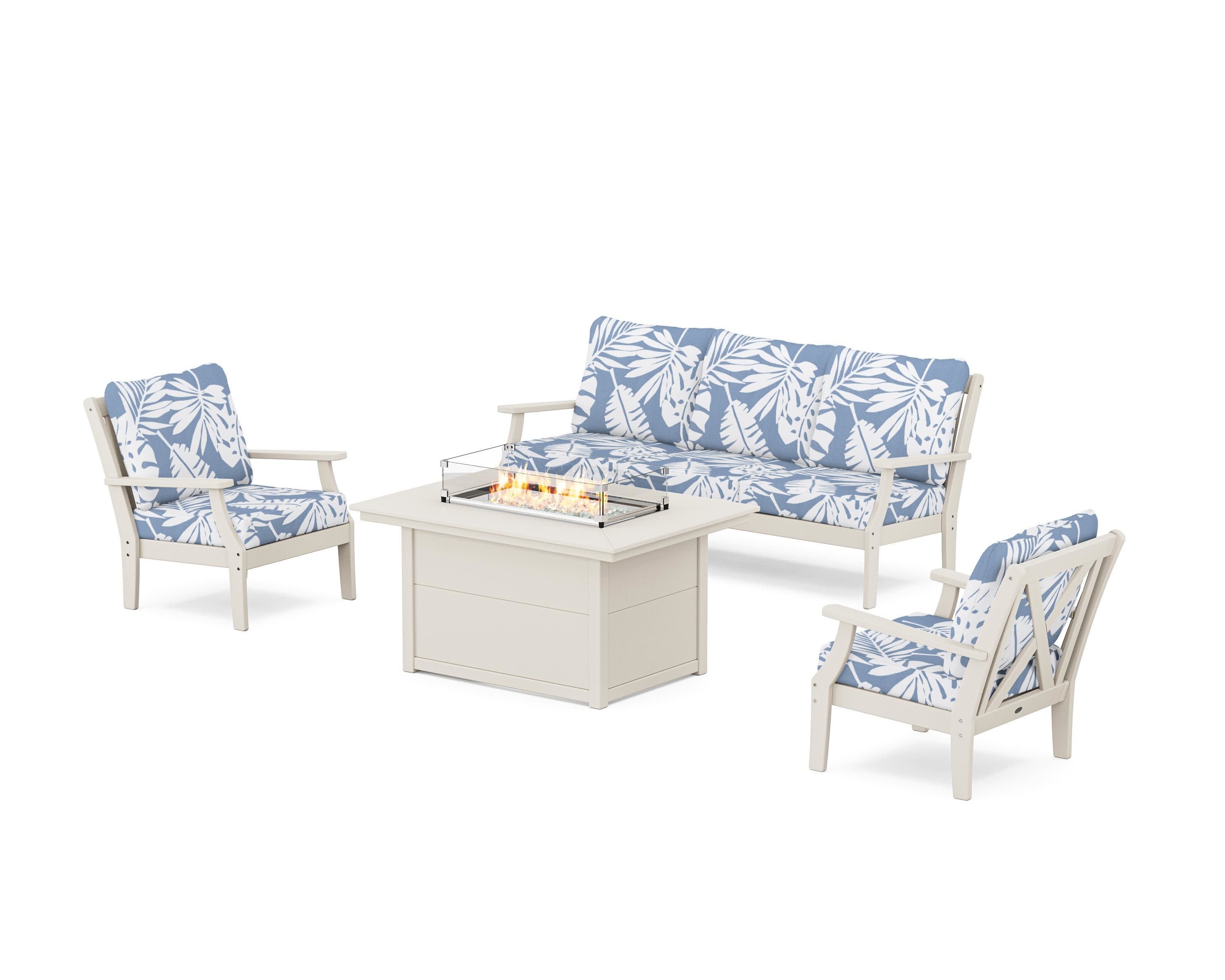 Braxton Deep Seating Fire Pit Table Set in Sand / Leaf Sky Blue