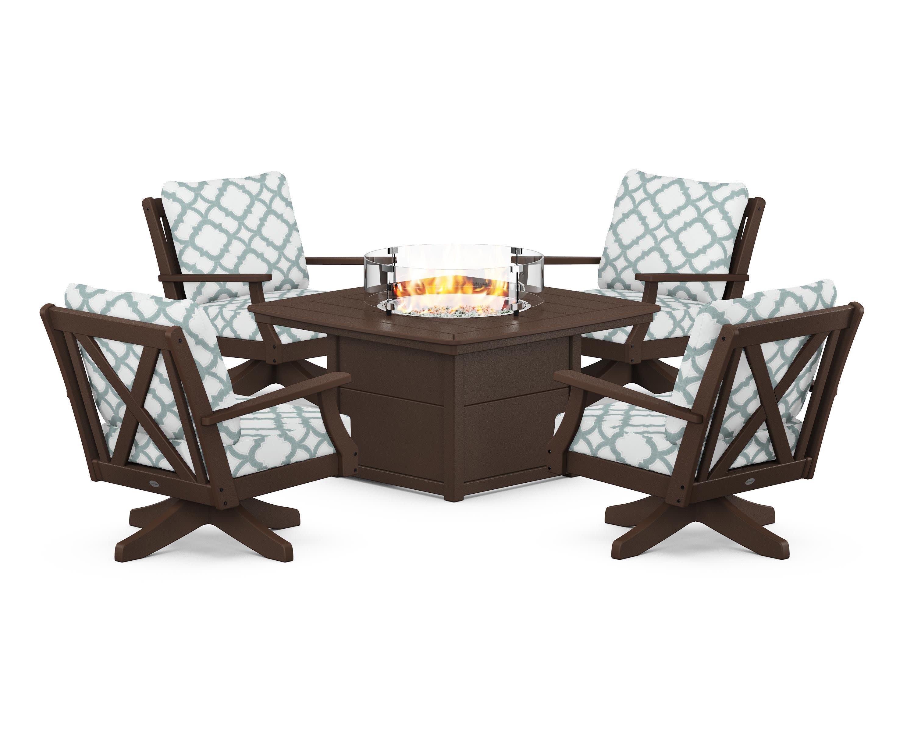 Braxton 5-Piece Deep Seating Swivel Conversation Set with Fire Pit Table in Mahogany / Trellis Glacier Spa