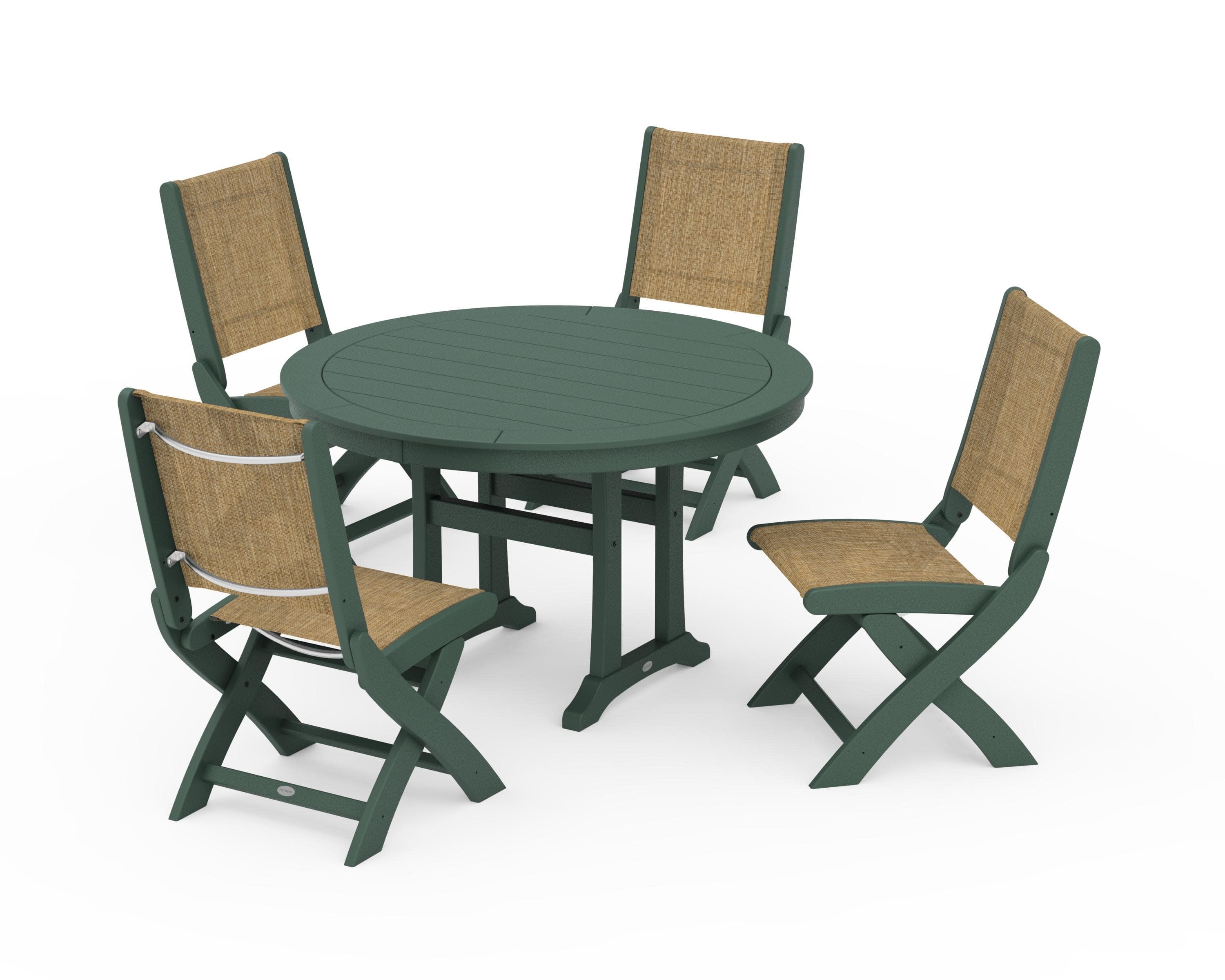 Coastal Folding Side Chair 5-Piece Round Dining Set With Trestle Legs in Green / Burlap Sling