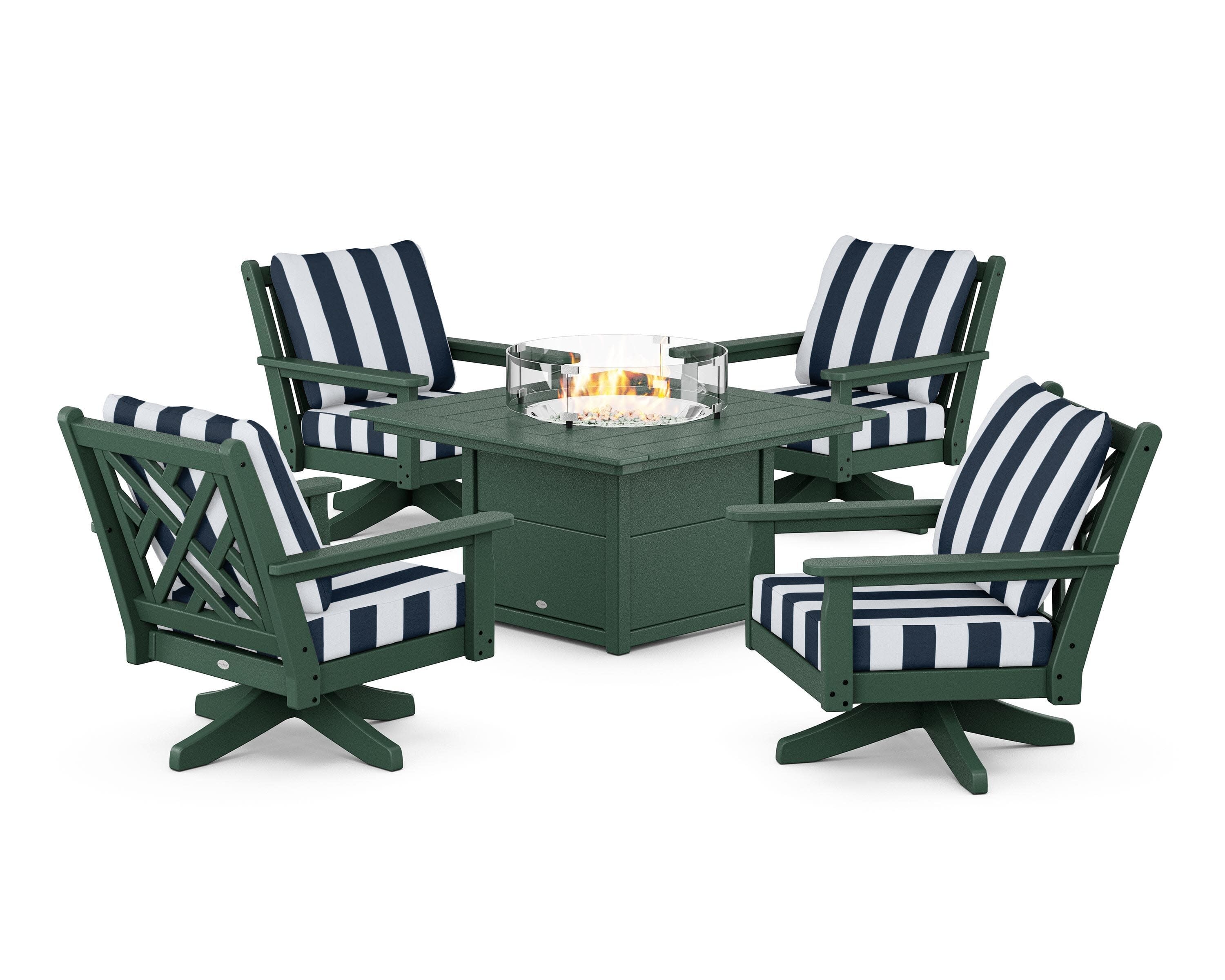 Chippendale 5-Piece Deep Seating Swivel Conversation Set with Fire Pit Table in Green / Cabana Stripe Marine Indigo