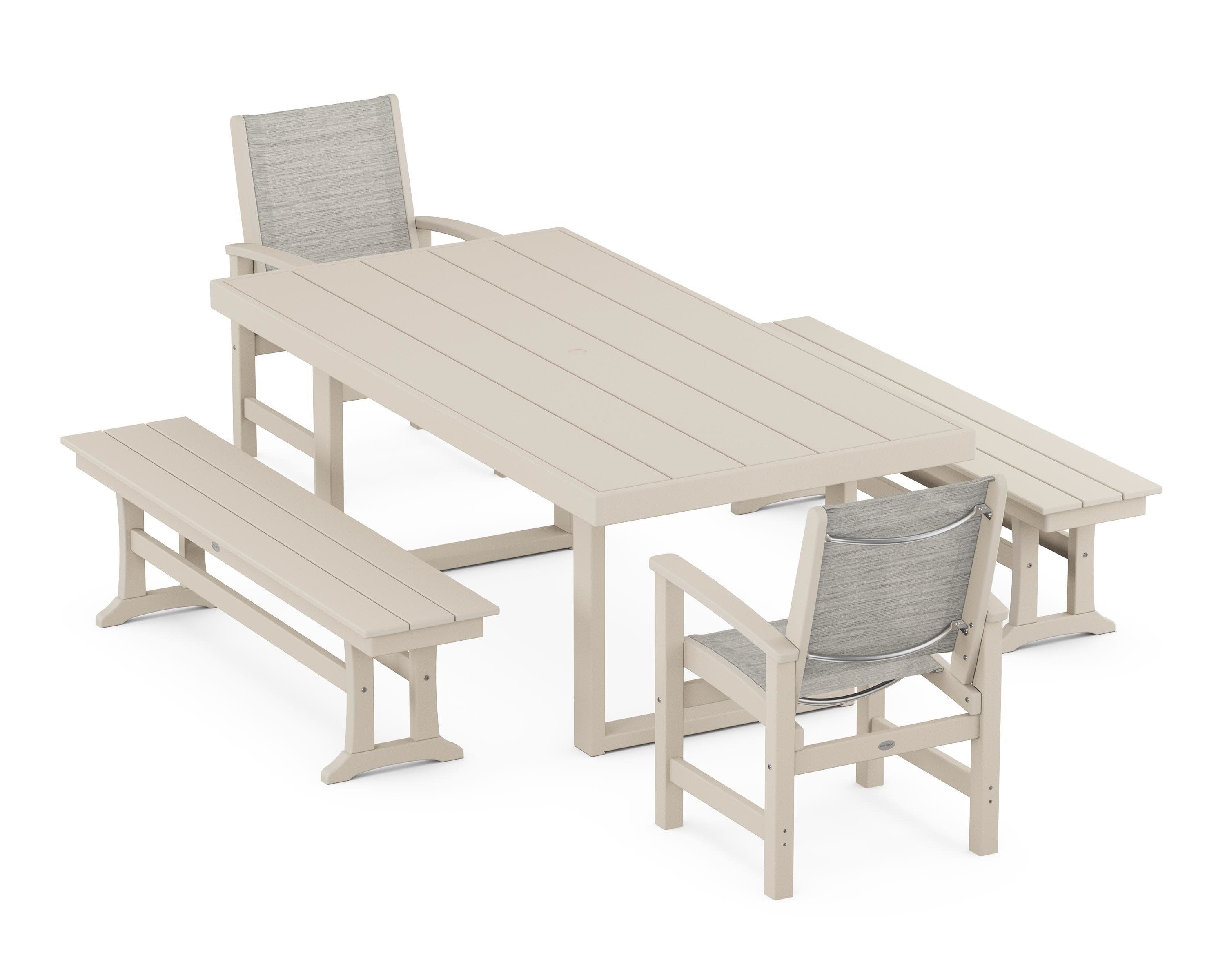 Coastal 5-Piece Dining Set with Trestle Legs in Sand / Birch Sling