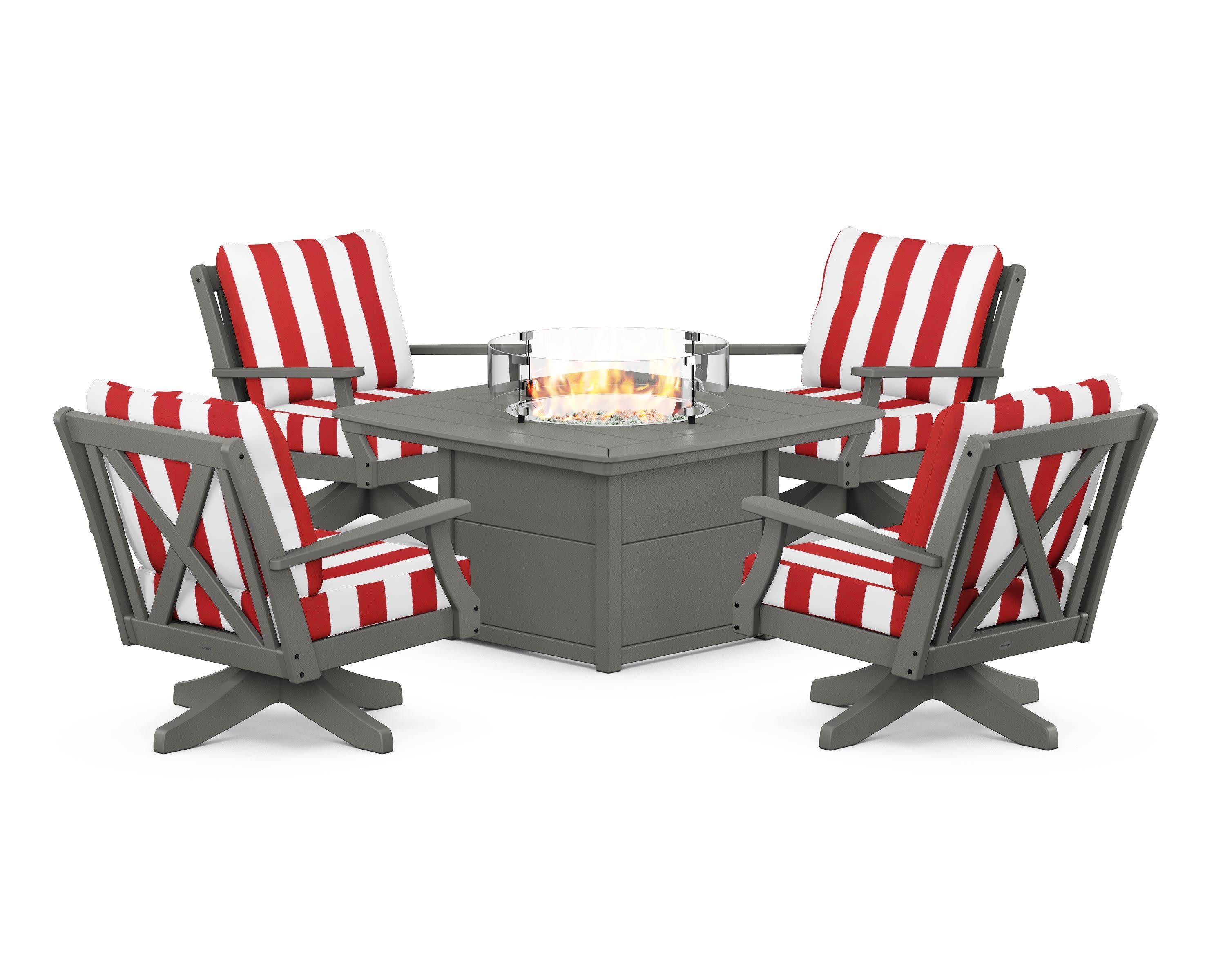 Braxton 5-Piece Deep Seating Swivel Conversation Set with Fire Pit Table in Slate Grey / Cabana Stripe Crimson