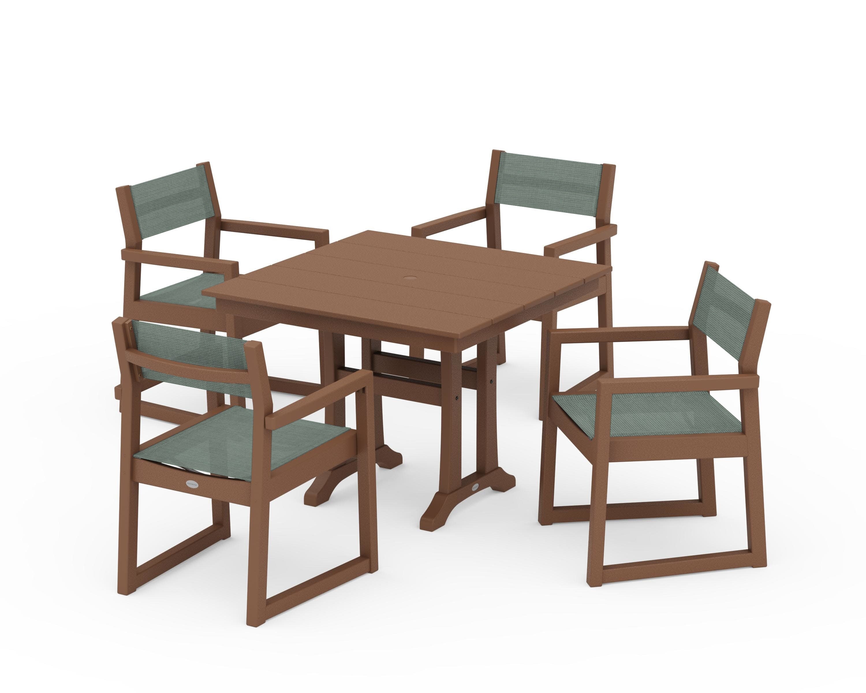 EDGE Sling 5-Piece Farmhouse Dining Set with Trestle Legs in Teak / Dupioni Sea Mist Sling