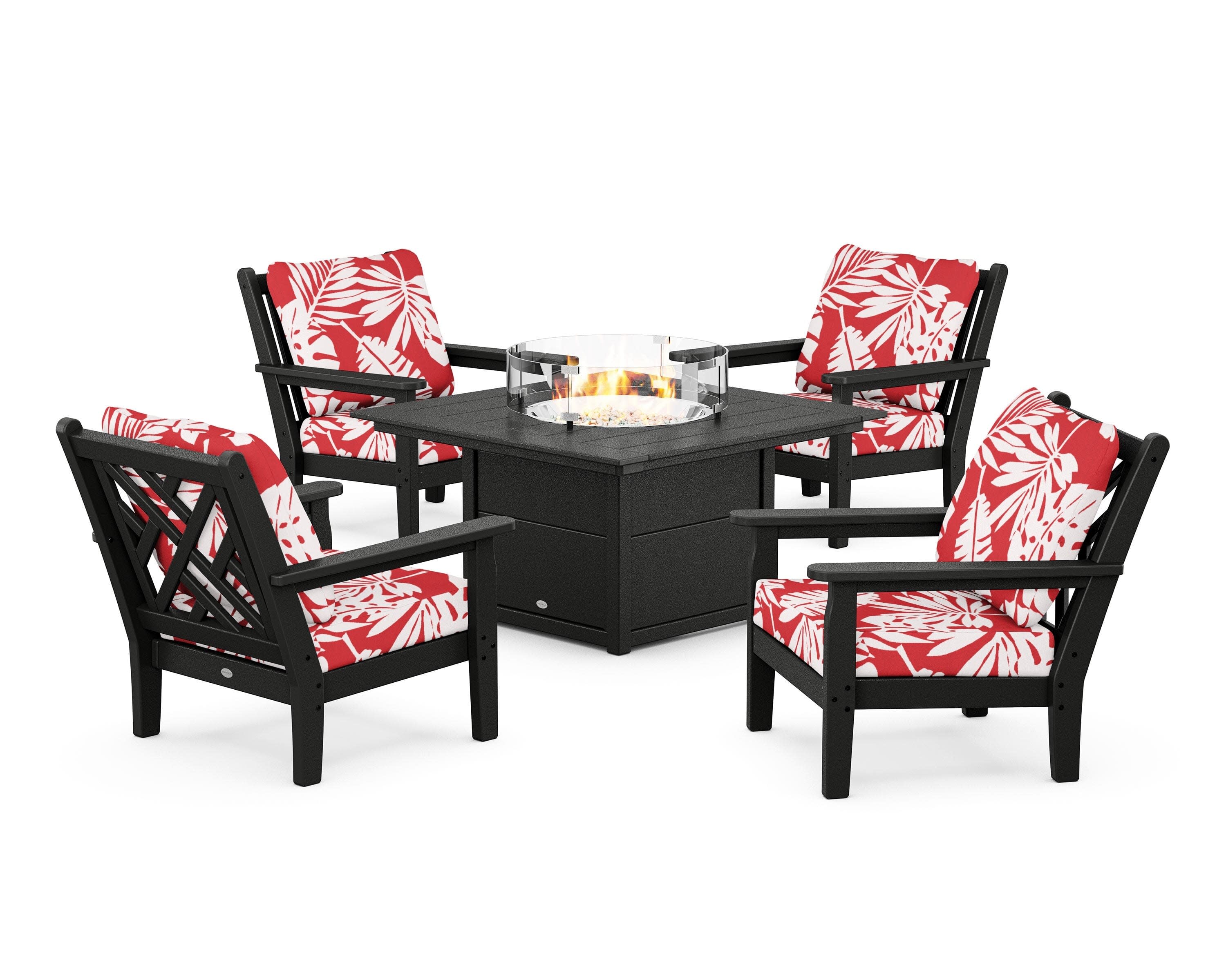 Chippendale 5-Piece Deep Seating Set with Fire Pit Table in Black / Leaf Crimson
