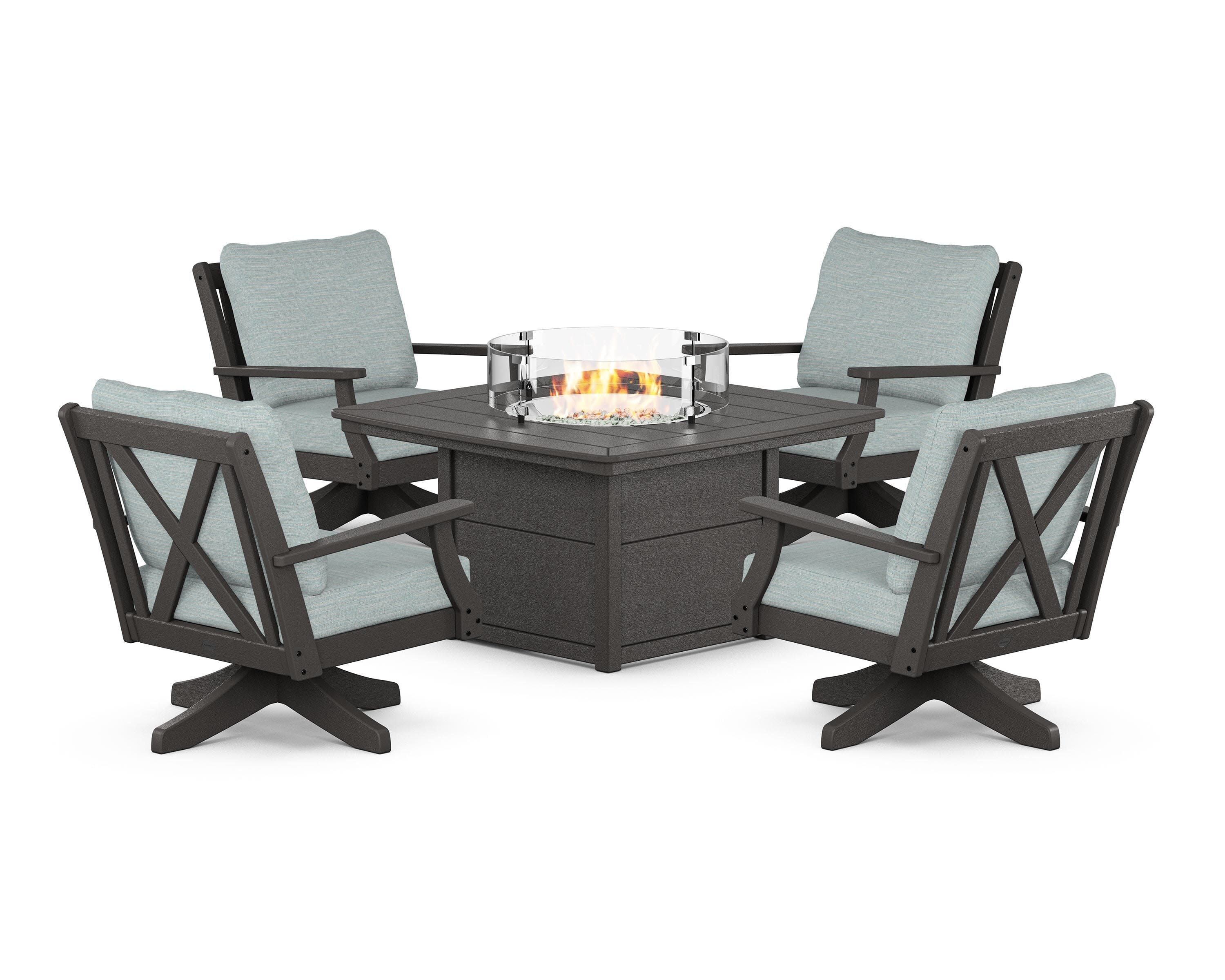 Braxton 5-Piece Deep Seating Swivel Conversation Set with Fire Pit Table in Vintage Coffee / Soothe Mist