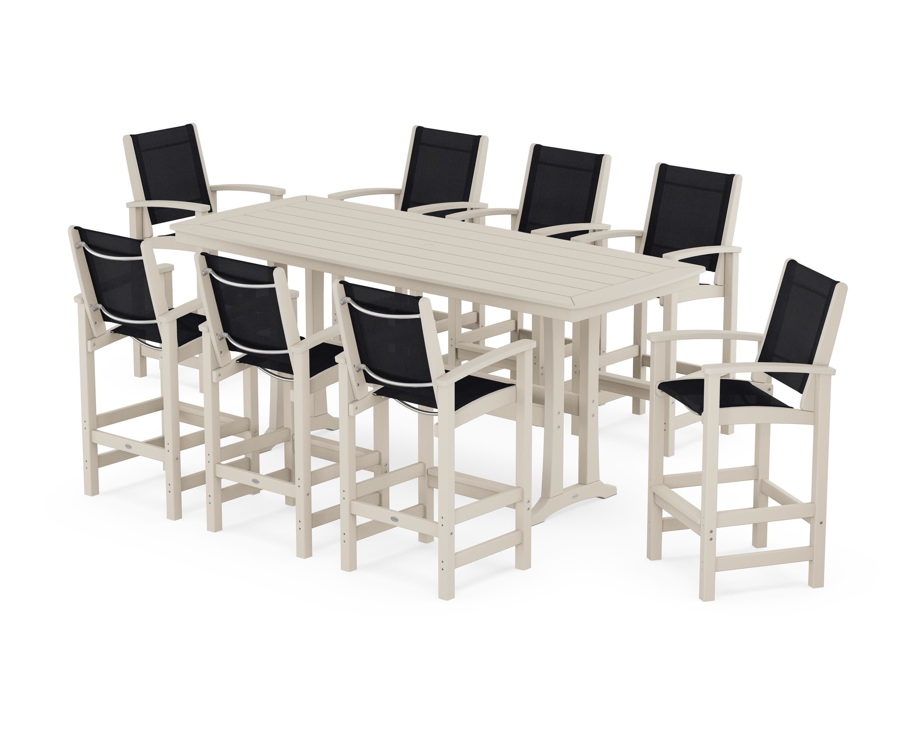 Coastal 9-Piece Bar Set with Trestle Legs in Sand / Black Sling