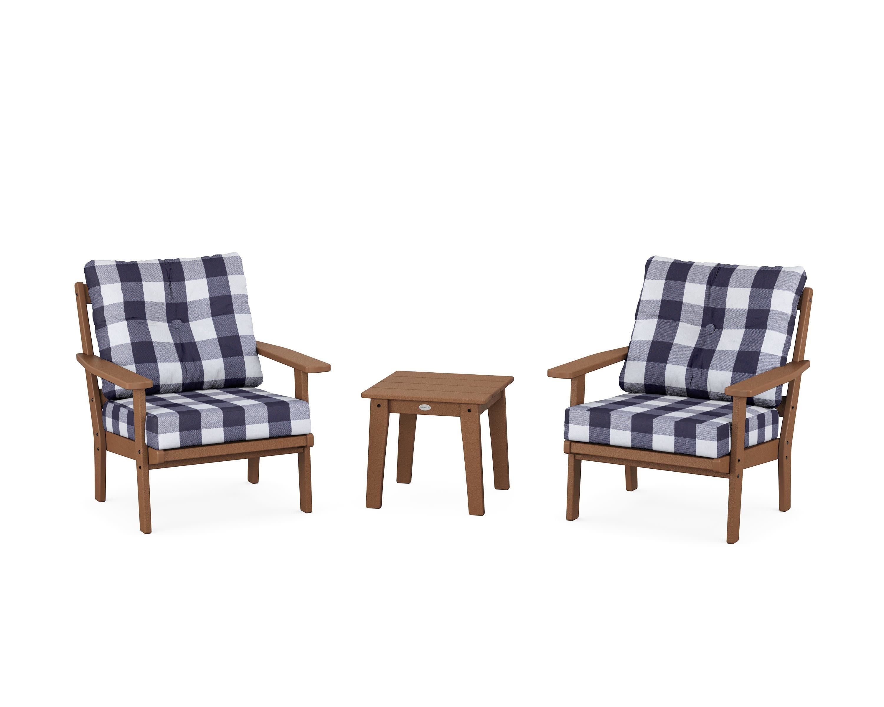 Oxford 3-Piece Deep Seating Set in Teak / Buffalo Plaid Navy