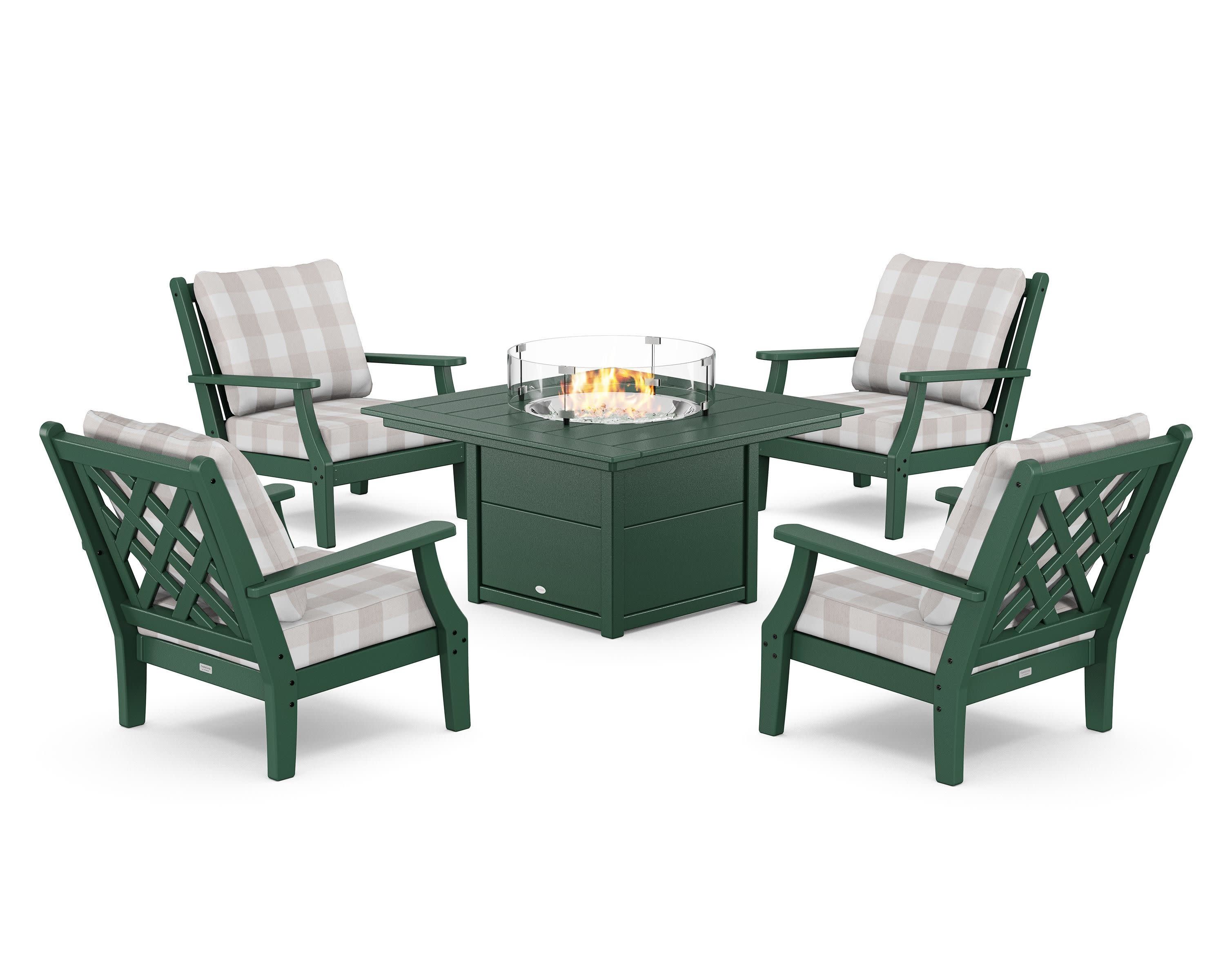 Wovendale 5-Piece Deep Seating Set with Fire Pit Table in Green / Buffalo Plaid Dune Burlap