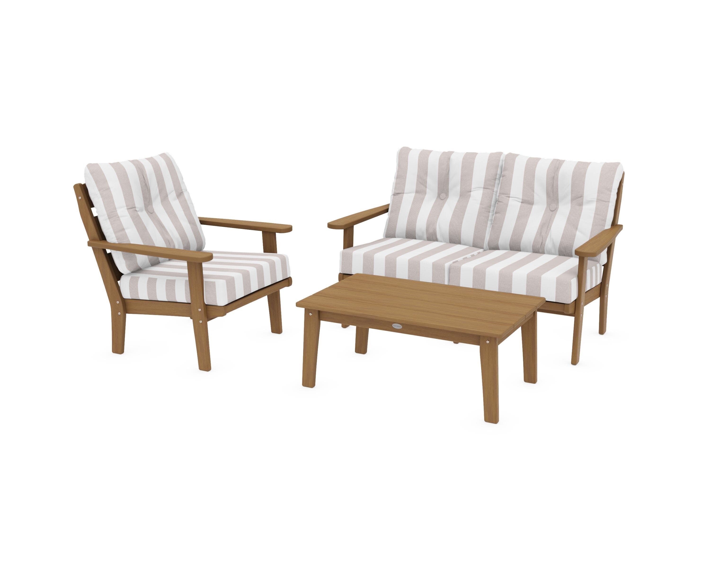 Lakeside 3-Piece Deep Seating Set in Natural / Cabana Stripe Dune Burlap
