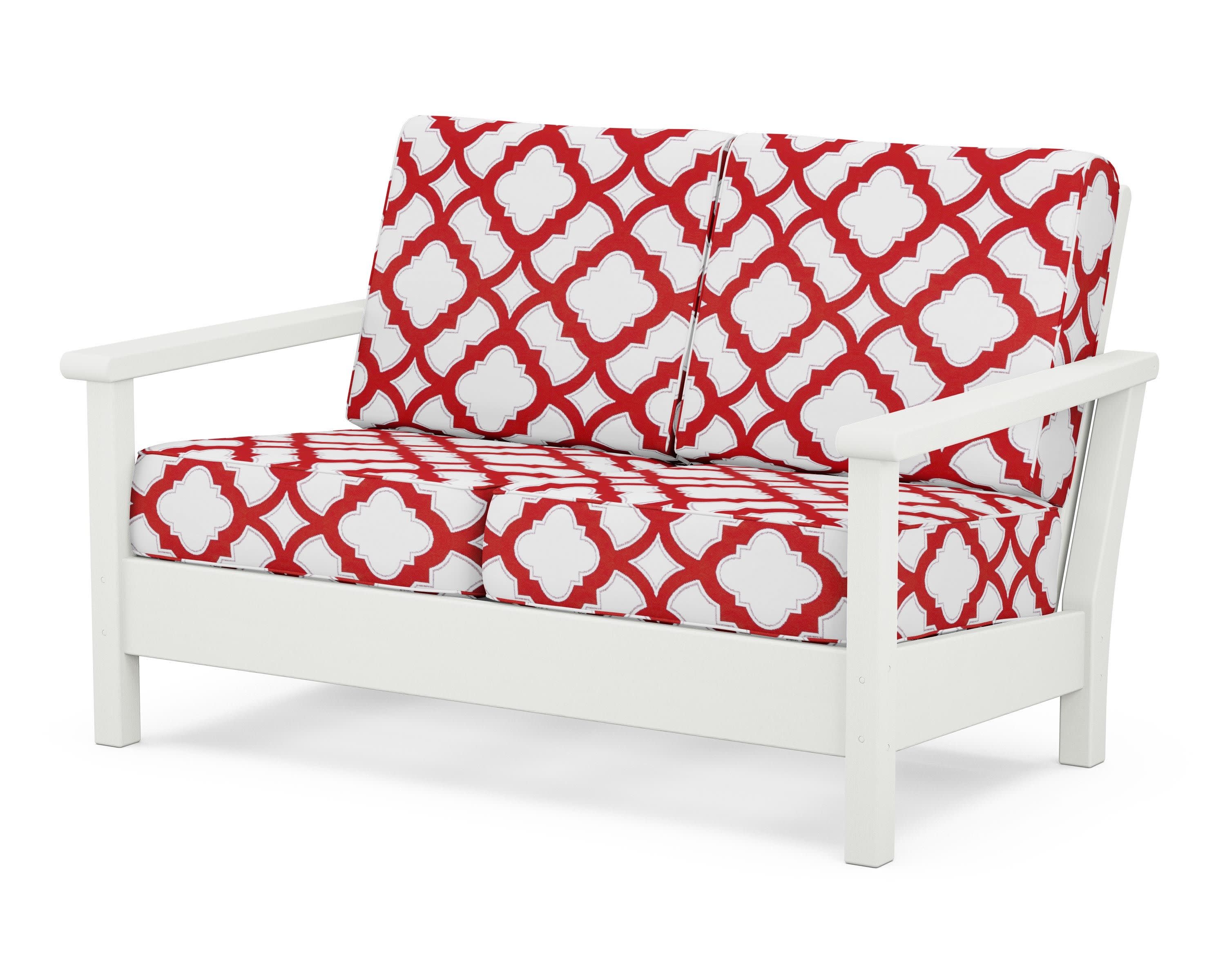 Harbour Deep Seating Loveseat in Vintage White / Trellis Crimson