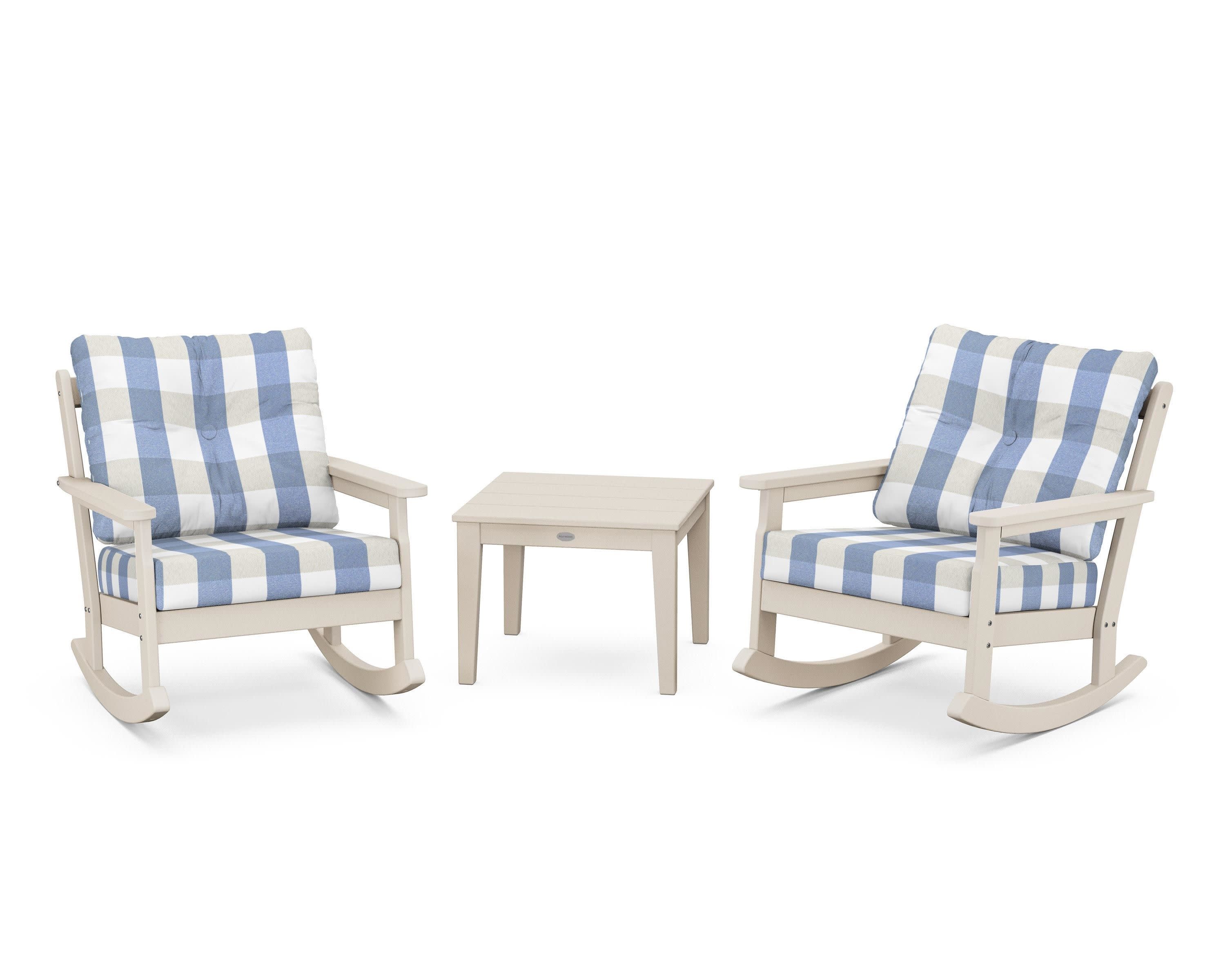 Vineyard 3-Piece Deep Seating Rocker Set in Sand / Buffalo Plaid Sky Blue