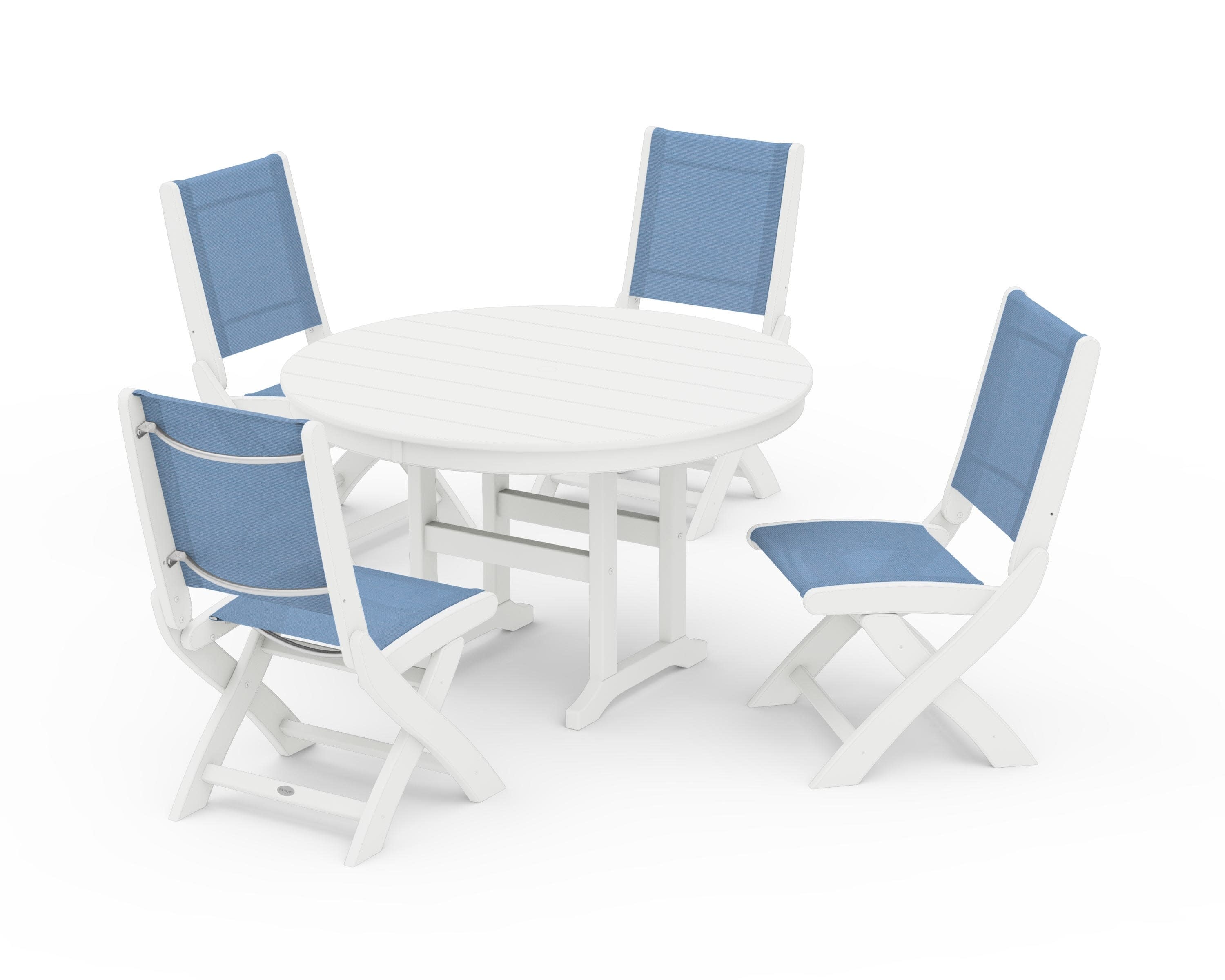 Coastal Folding Side Chair 5-Piece Round Dining Set in White / Poolside Sling
