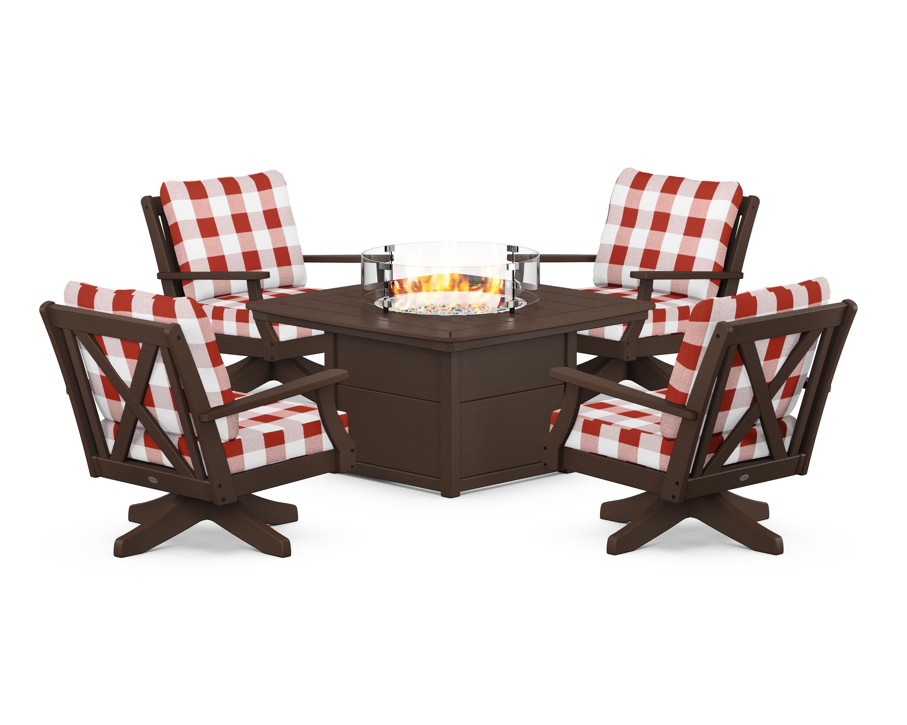 Braxton 5-Piece Deep Seating Swivel Conversation Set with Fire Pit Table in Mahogany / Buffalo Plaid Crimson